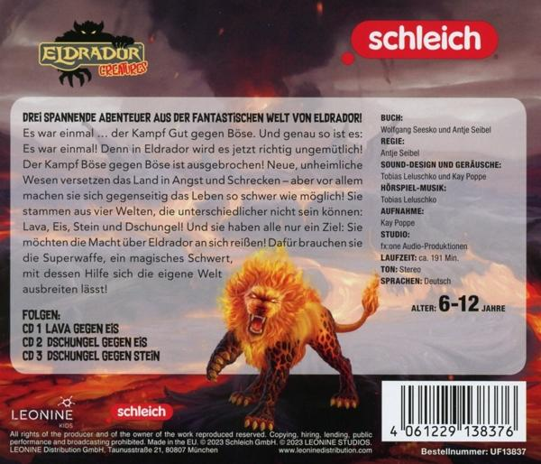 Rückseite einer Spielzeugkiste mit Text und einer Löwenzeichnung. Werbung für Eldrador Creatures.