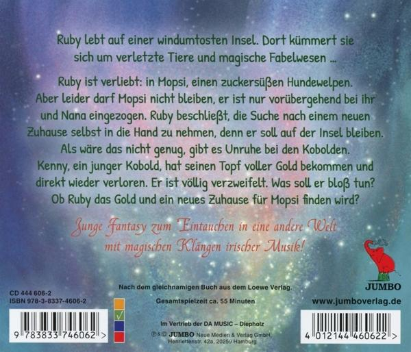 Buchcover mit Text über Ruby, ein Mädchen auf einer Insel, und eine Geschichte über magische Wesen und Gold.