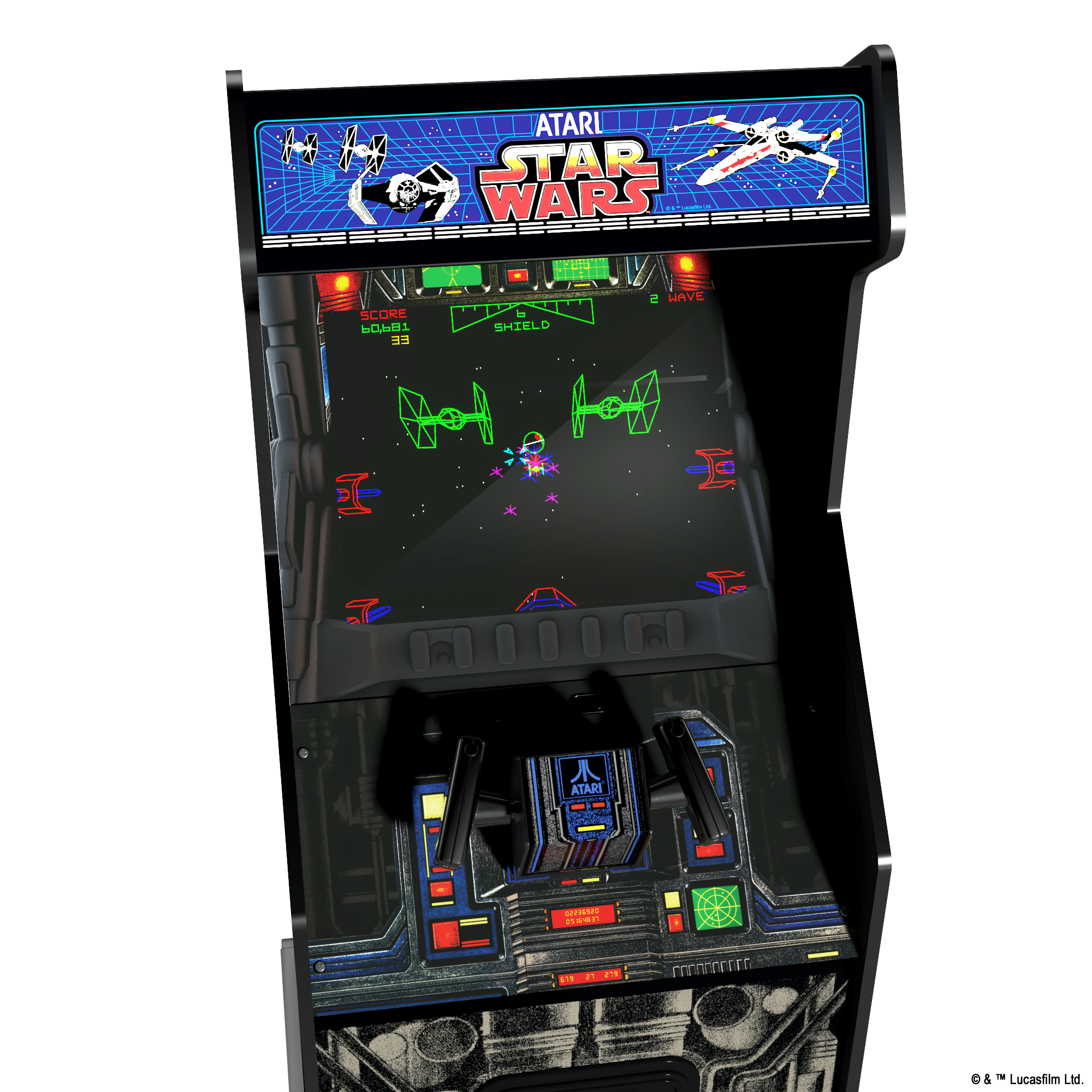 Ein Atari Star Wars Arcade-Spielautomat mit Spieloberfläche.