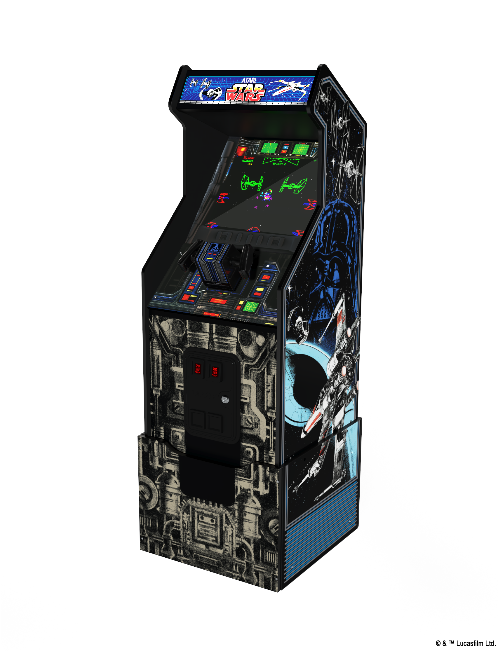 Star Wars Arcade-Spiel. Schwarzes Gehäuse. Blaue Akzente. Weißer Hintergrund.