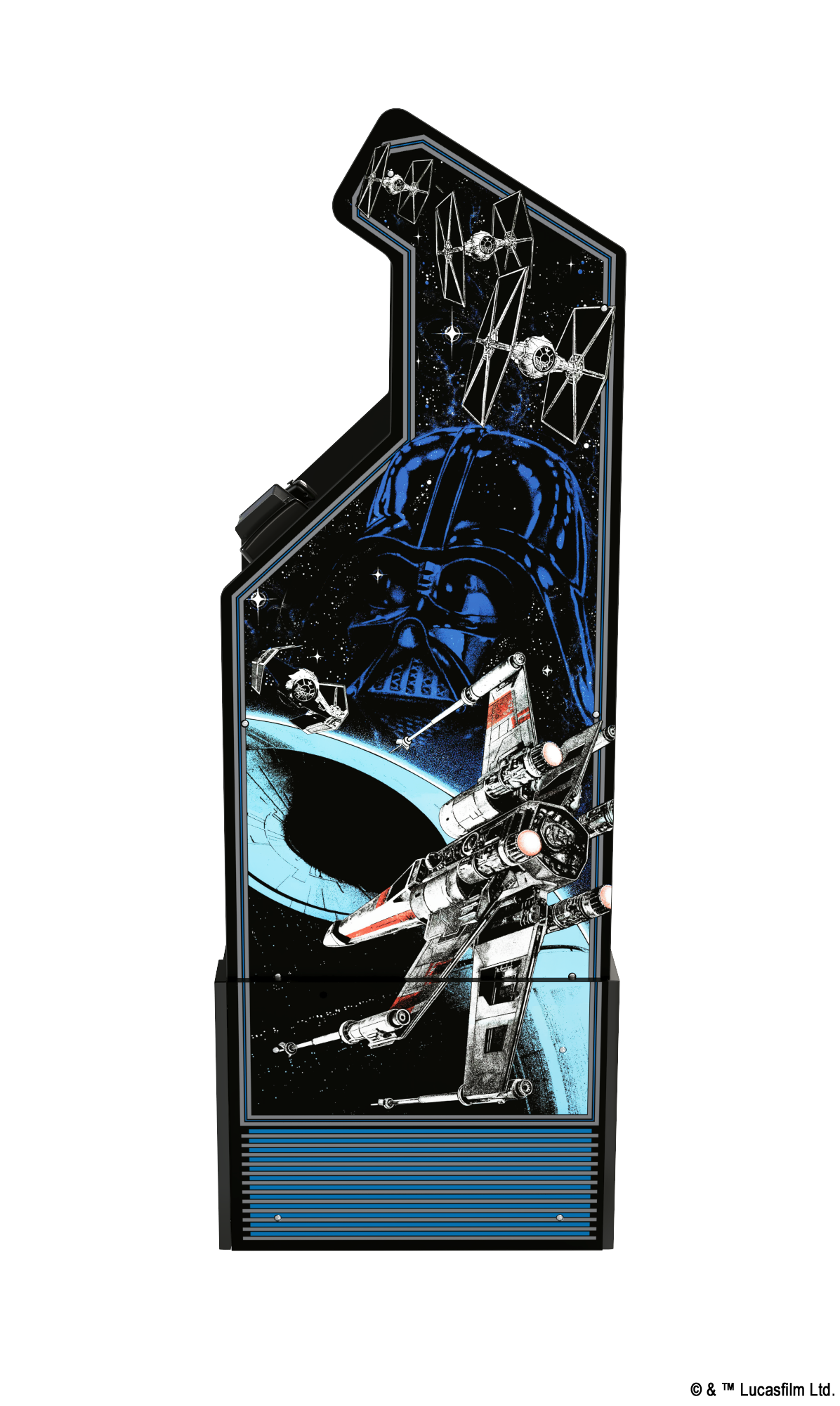 Star Wars-Spielautomat mit Darth Vader und X-Wing-Jäger-Kunst auf schwarzem Hintergrund.