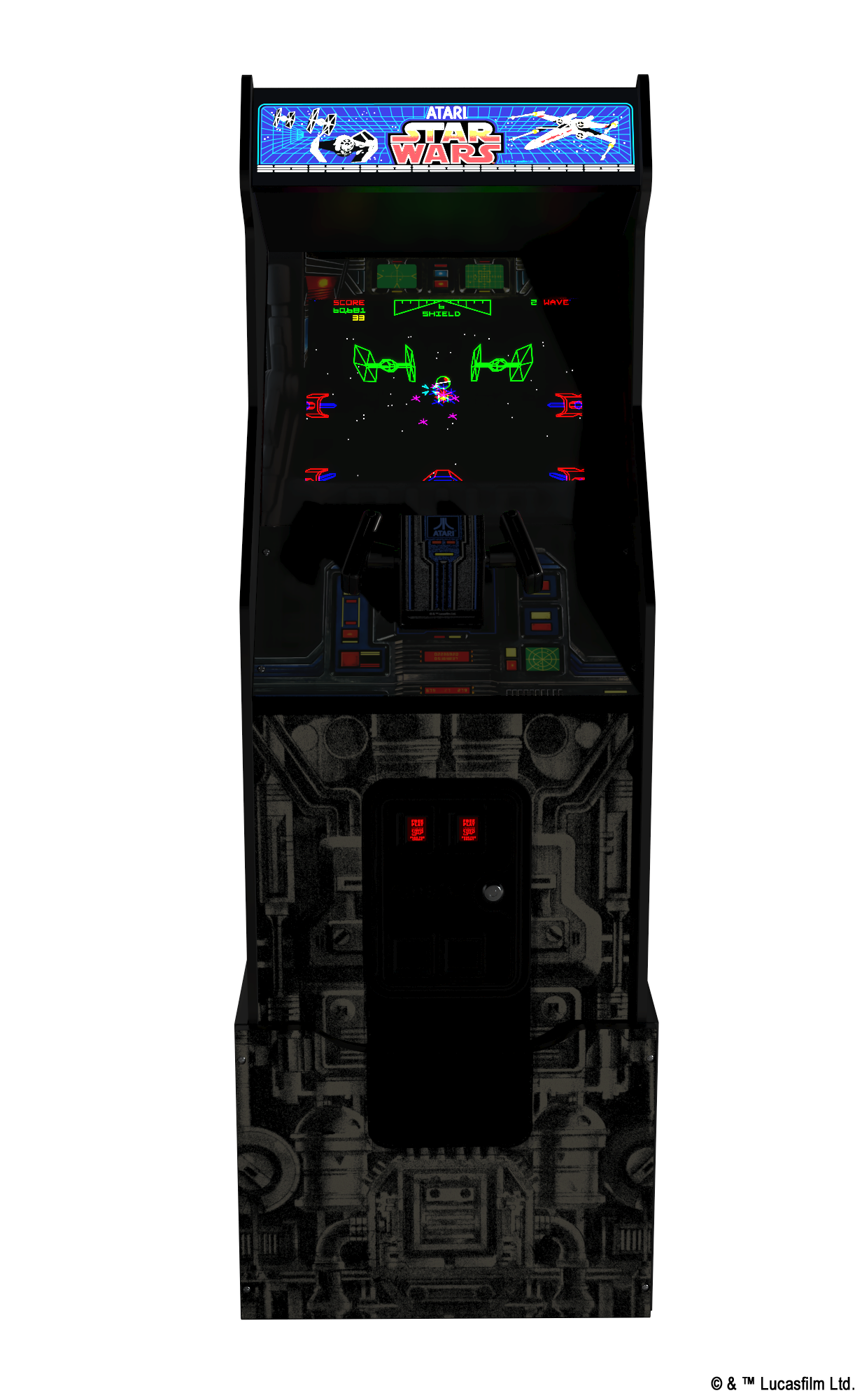 Schwarzes Star Wars Arcade-Spiel mit einem Spielbildschirm, der Raumschiffe zeigt.