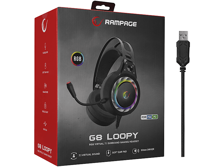 RAMPAGE G8 Loopy Usb 7.1 RGB Ledli Mikrofonlu Oyuncu Kulak Üstü Kulaklık Siyah_6