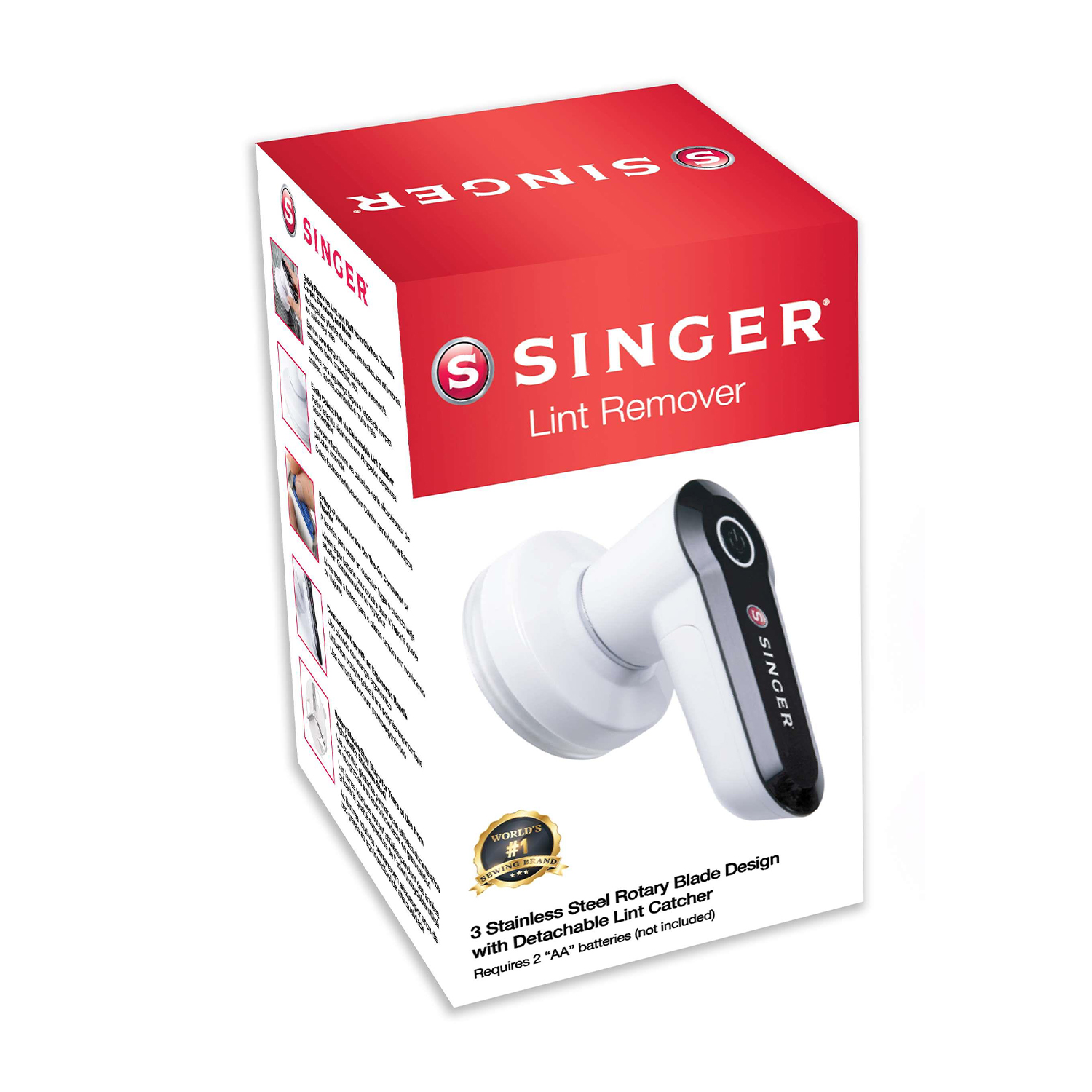 Una scatola di rimozione lanugine Singer con un dispositivo bianco e nero.