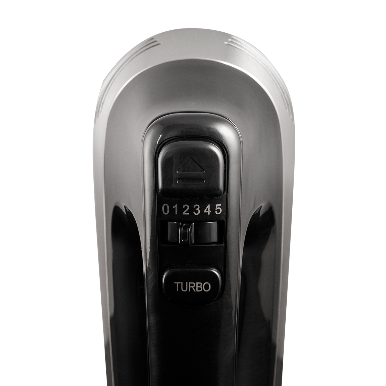 Frullatore a mano nero e argento. Ha impostazioni di velocità e pulsante turbo. Sfondo bianco.