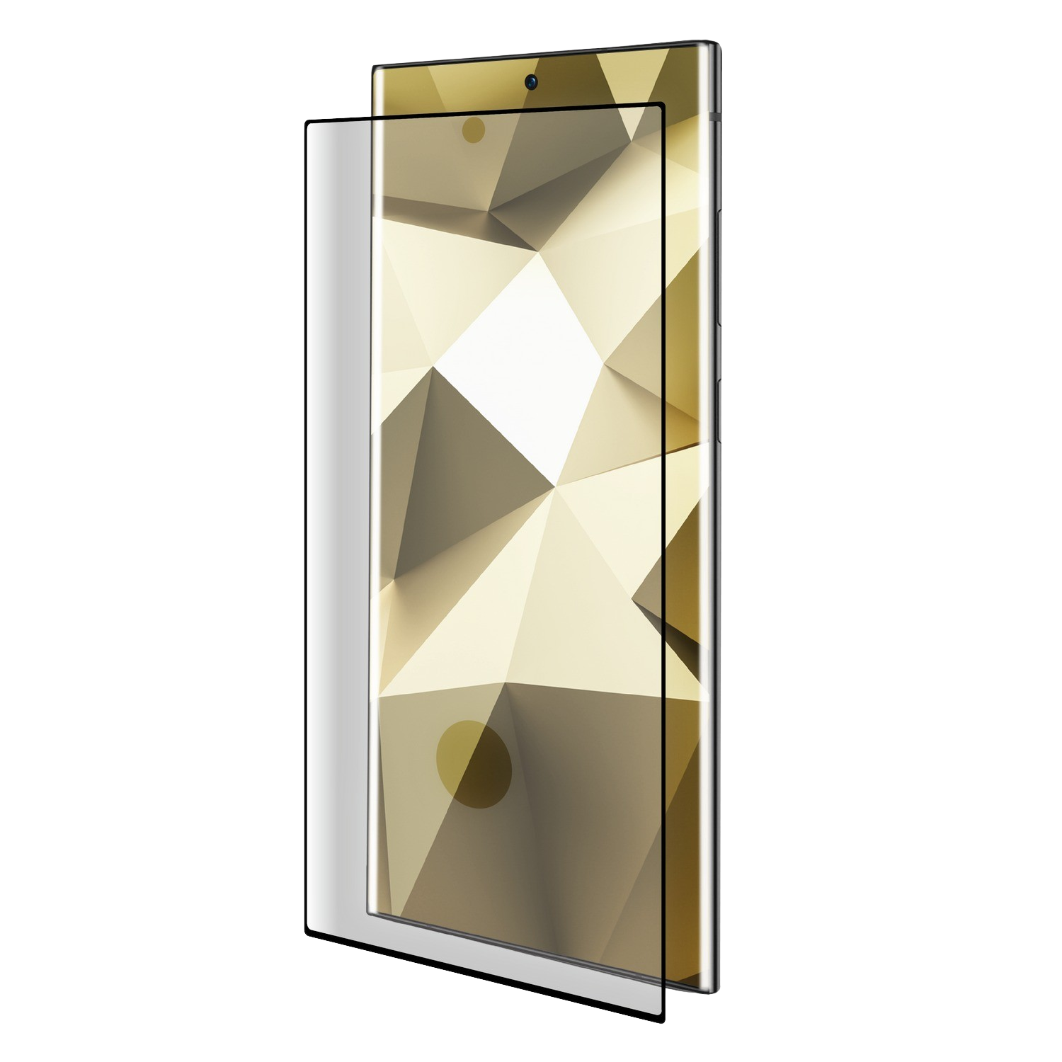 Telefoon met schermbeschermer aangebracht. Telefoon is goudkleurig met geometrisch design.