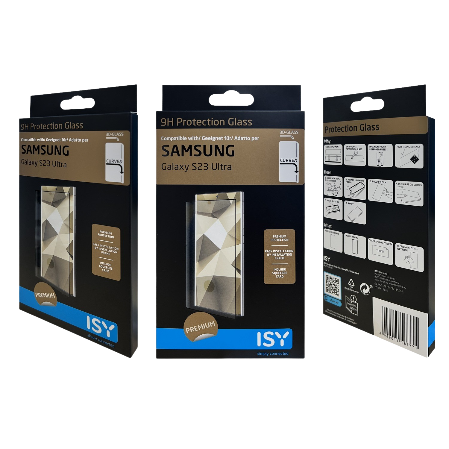 Drie schermbeschermers voor telefoons in dozen, met productdetails.