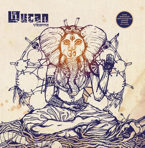 Albumcover mit einer elefantenköpfigen Gottheit in einem Mandala, braune und weiße Farben.