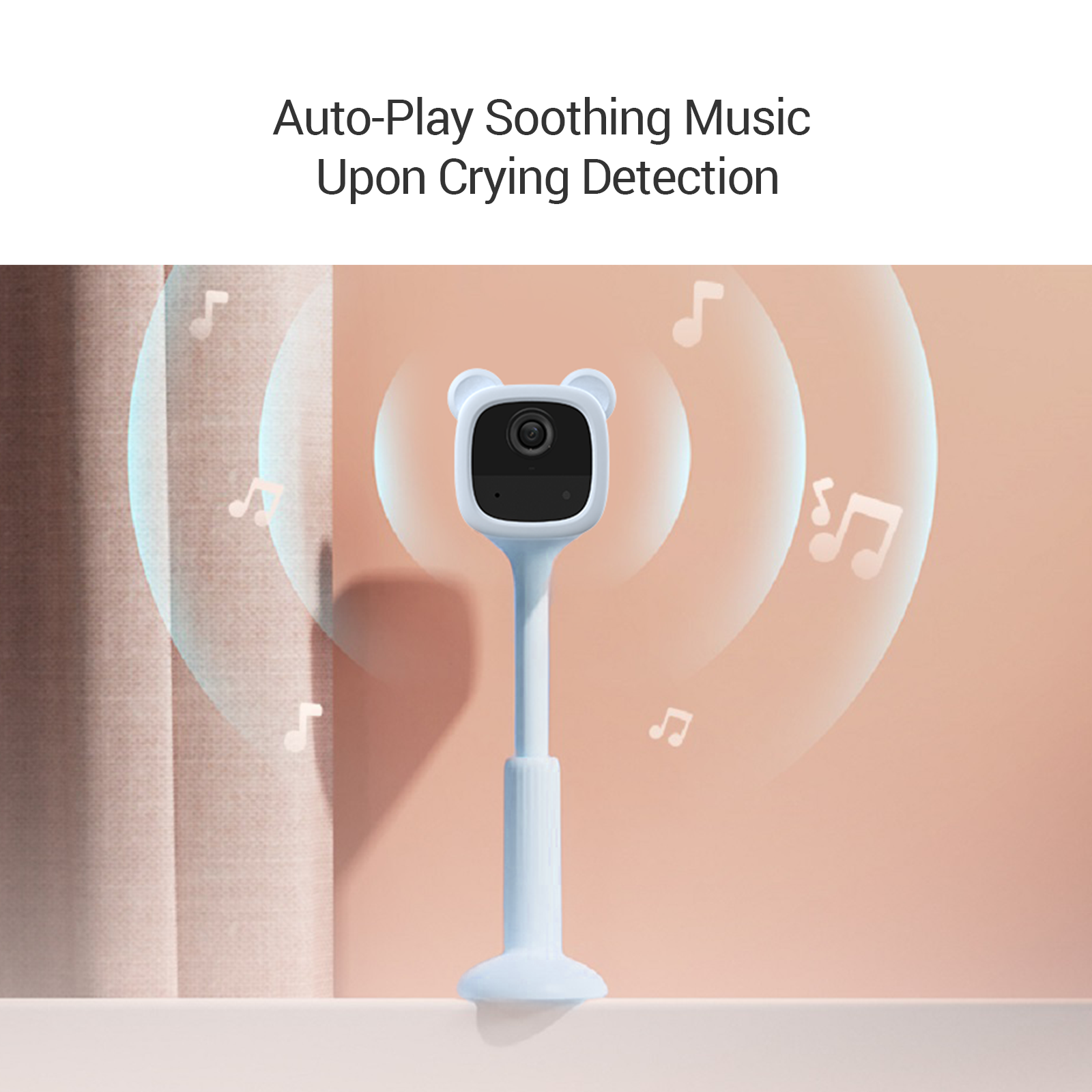 Ein Babyphone mit Kamera und dem Text: Auto-Play Soothing Music Upon Crying Detection.