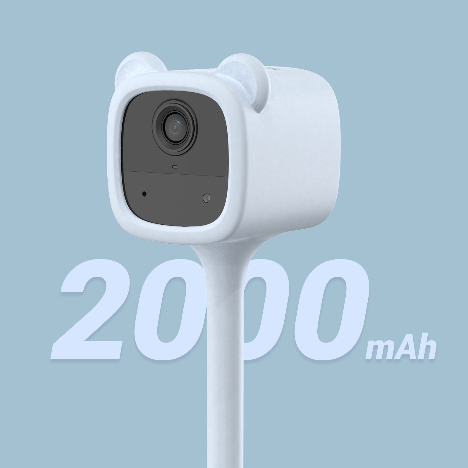 Weiße Überwachungskamera mit Ohren, blauer Hintergrund und der Text 2000 mAh.