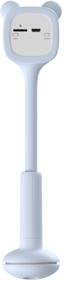 Hellblauer Baby-Monitor, bärenförmiger Kopf mit Anschlüssen, auf einem Ständer mit rundem Fuß.