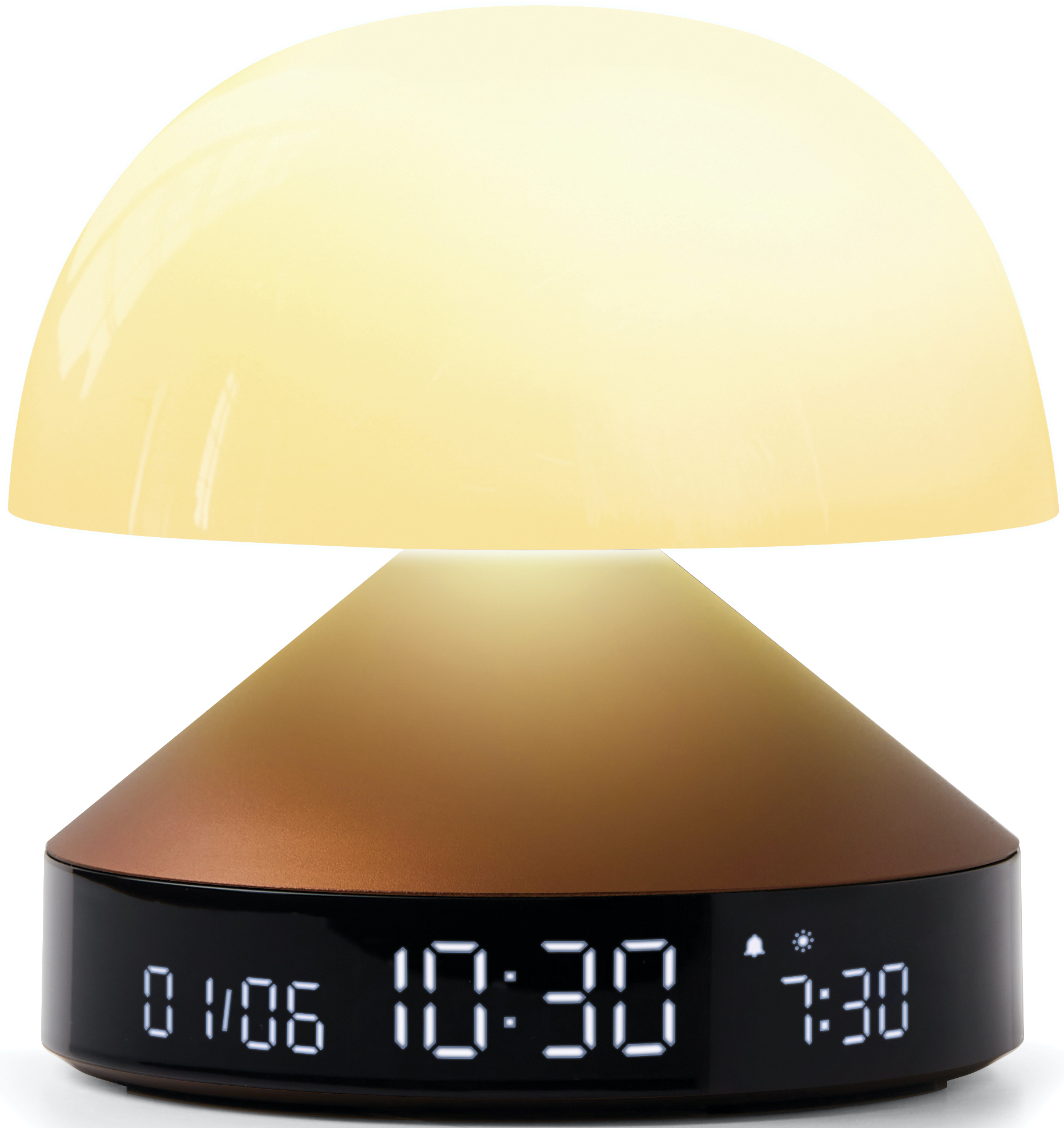 Wecker mit leuchtender Kuppel und Digitalanzeige mit 10:30 und Datum.