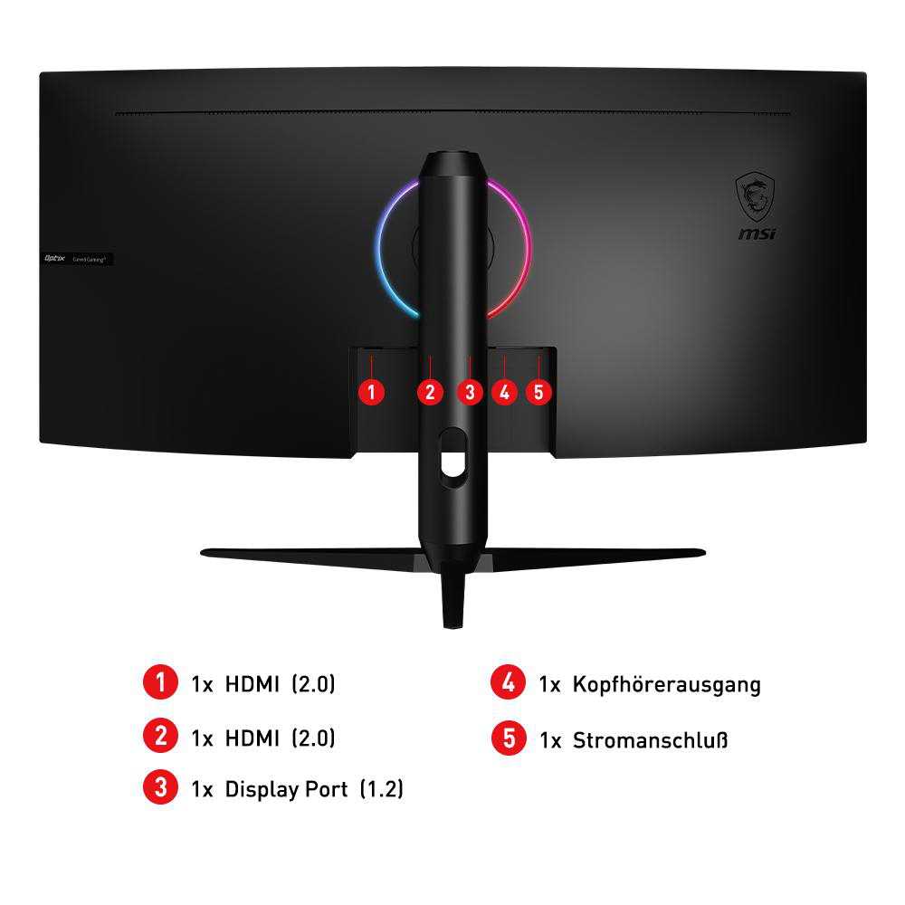 Schwarze Monitorrückseite mit Ständer. Anschlüsse sind beschriftet. MSI-Logo rechts.