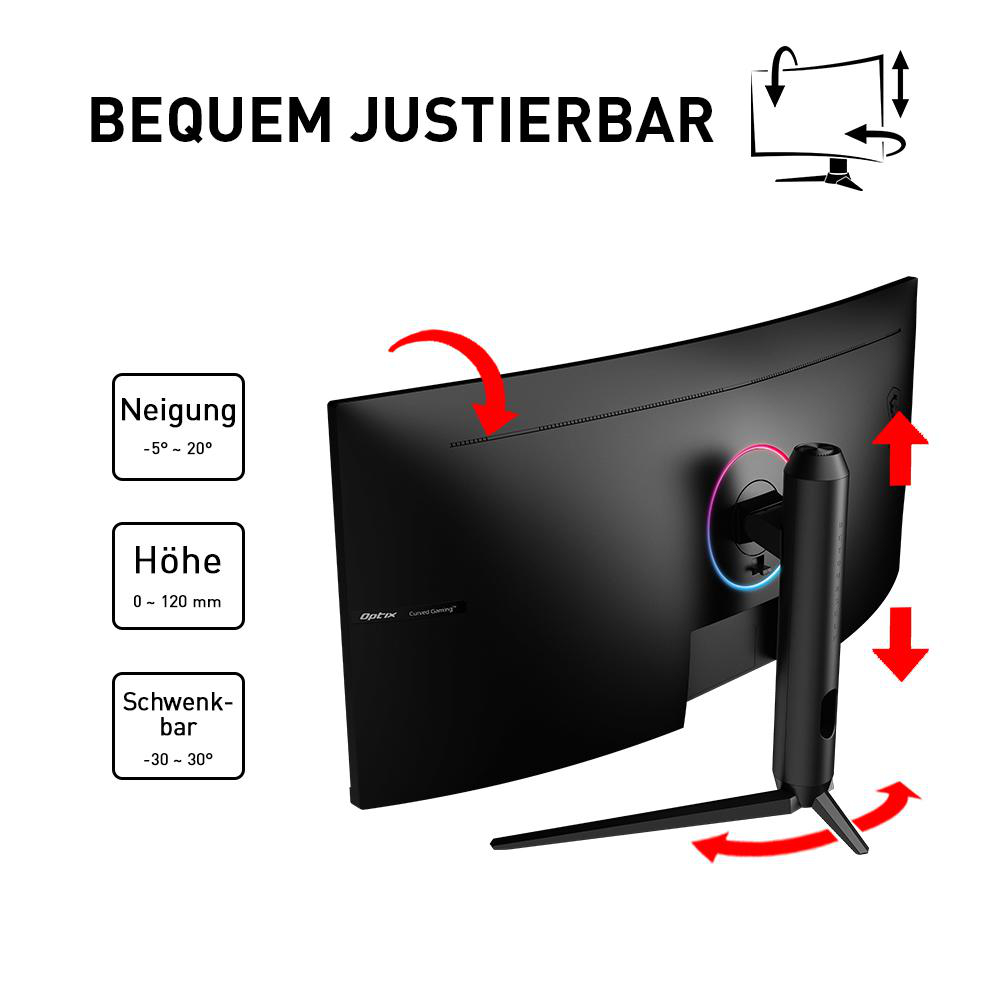 Ein gebogener Computermonitor mit verstellbaren Funktionen. Er zeigt Höhen-, Neigungs- und Schwenkeinstellungen an.