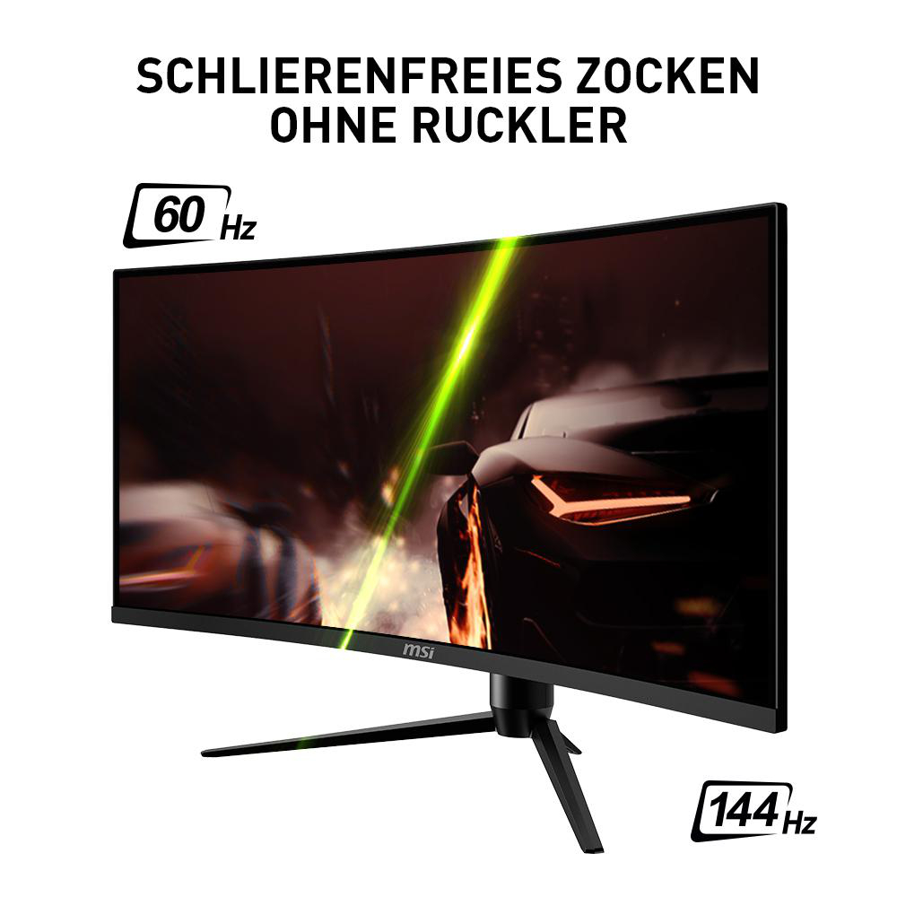 Gebogener Gaming-Monitor mit Text "SCHLIERENFREIES ZOCKEN OHNE RUCKLER".