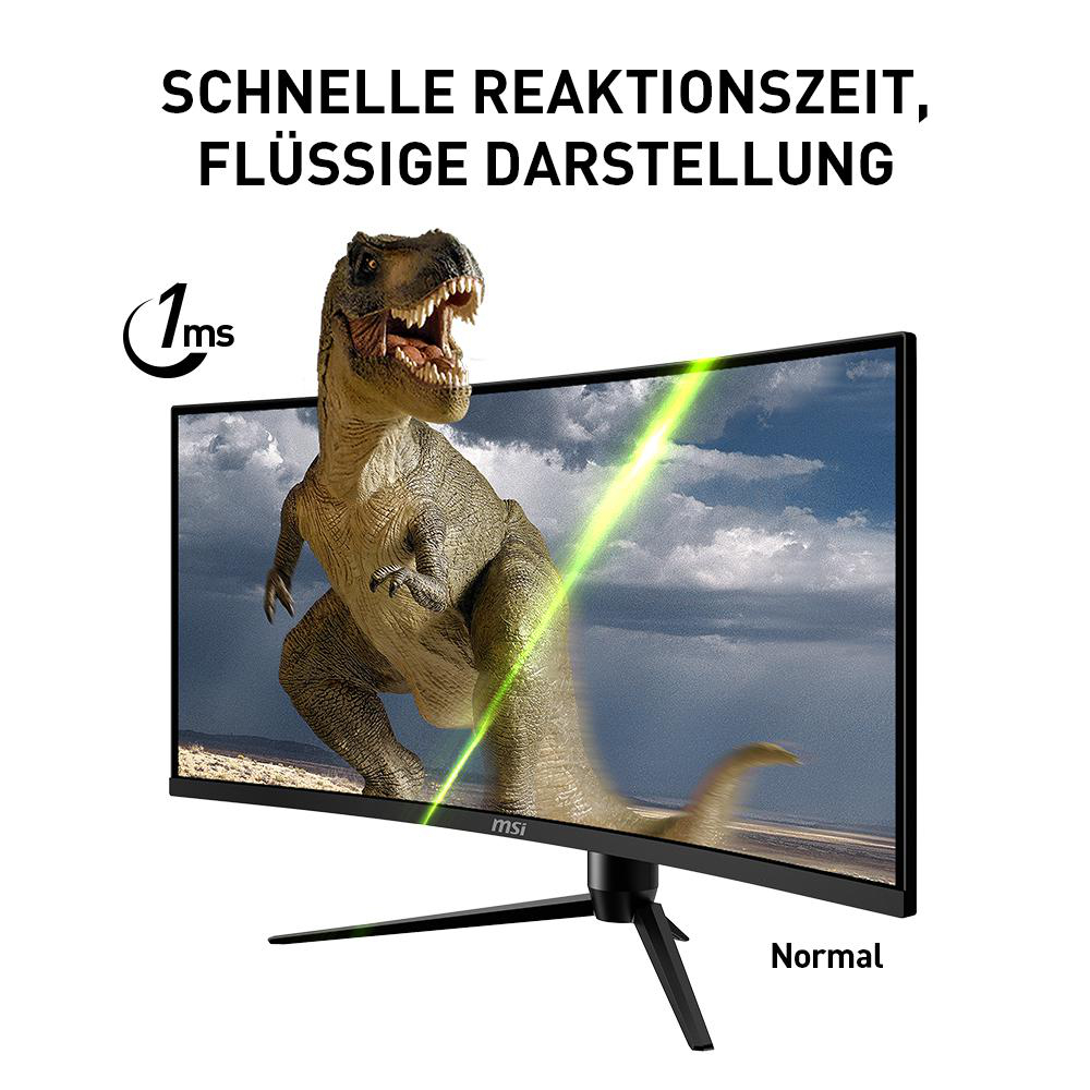Gebogener Monitor mit Dinosaurierbild, Text: schnelle Reaktionszeit, flüssige Darstellung.