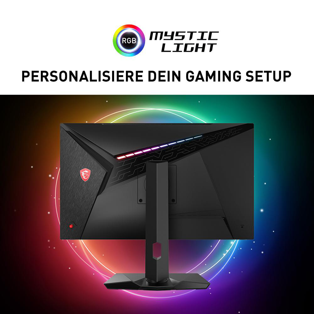 Gaming-Monitor mit RGB-Beleuchtung und Design auf buntem Hintergrund.