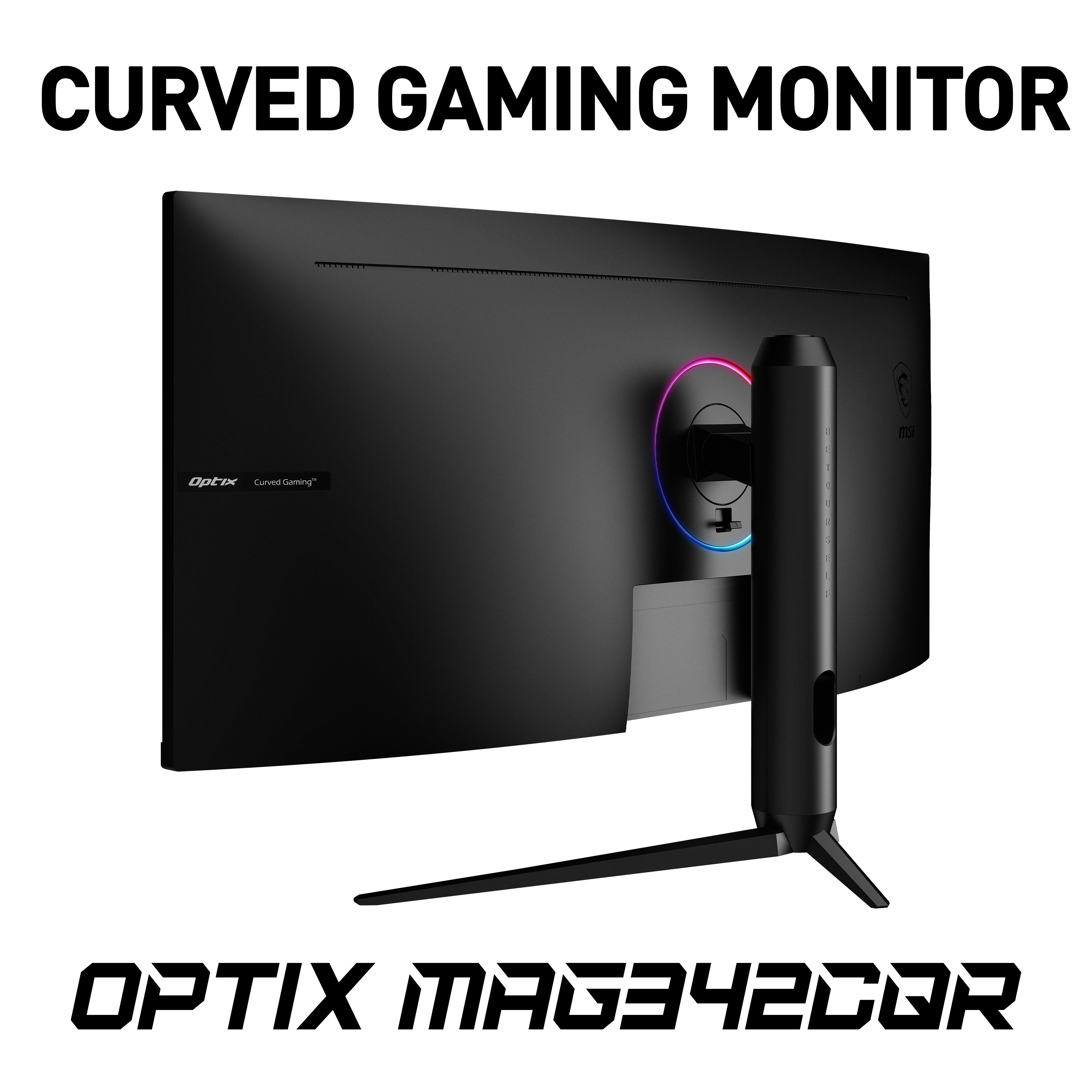 Rückseite eines gebogenen Gaming-Monitors mit Ständer und RGB-Ring auf der Rückseite.