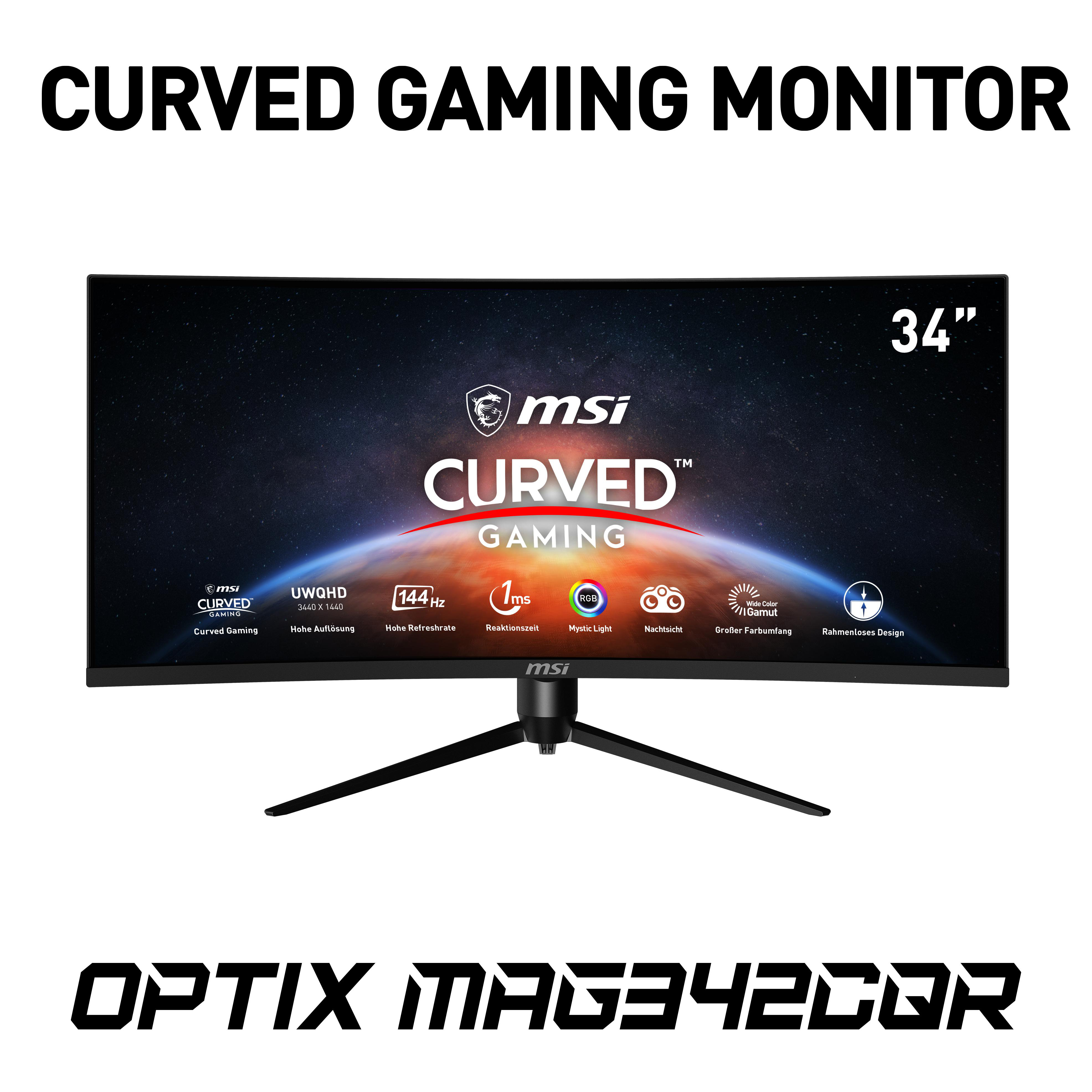 MSI Curved Gaming Monitor, 34 Zoll, mit gewölbtem Bildschirm und schwarzem Ständer, Text Optix MAG342CQR.