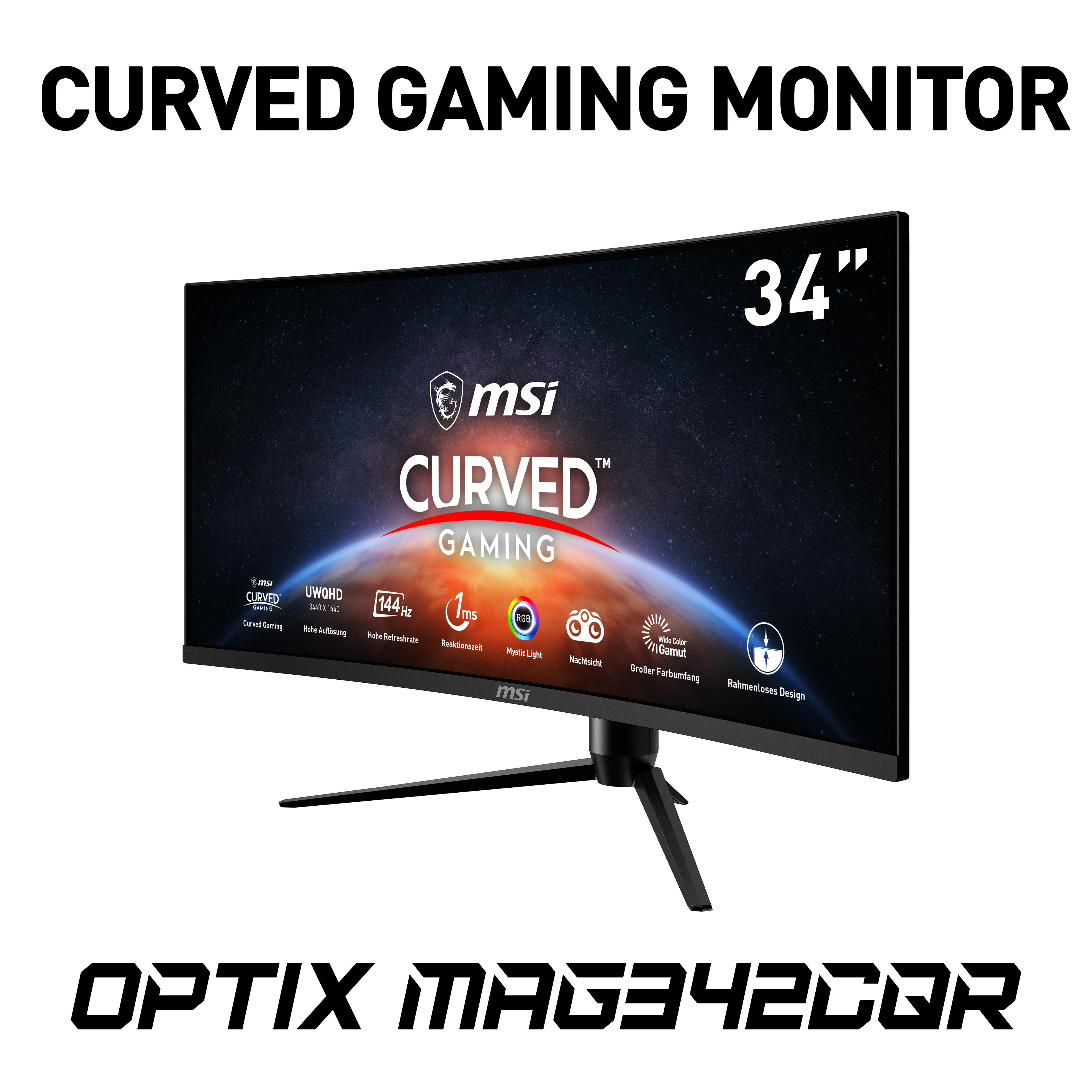 Gebogener Gaming-Monitor mit Ständer, MSI-Logo und schwarzem Rahmen.