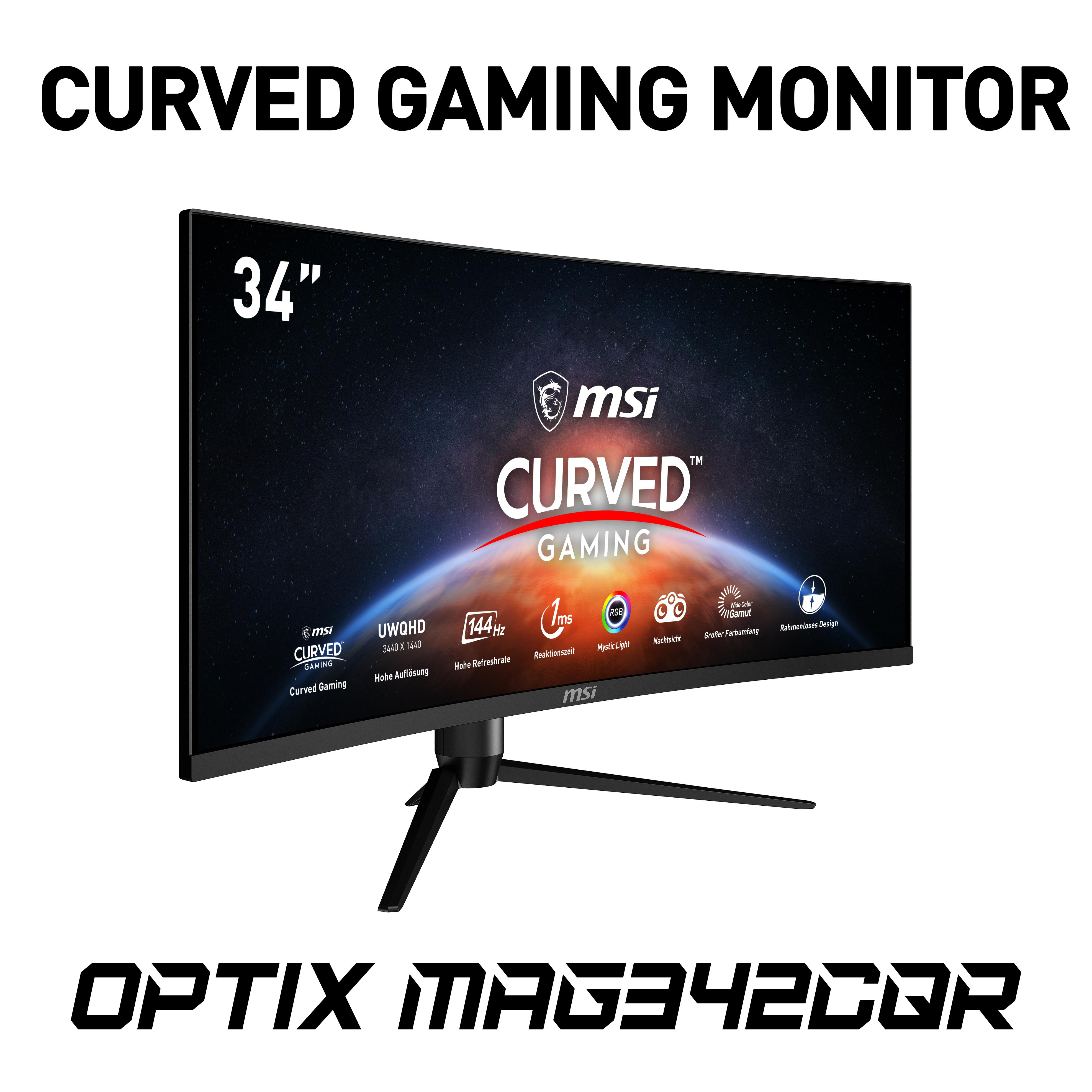 Gebogener Gaming-Monitor. Schwarzer Rahmen, dünner Ständer, mit dem Bildschirm, der eine Weltraumthema-Grafik zeigt.