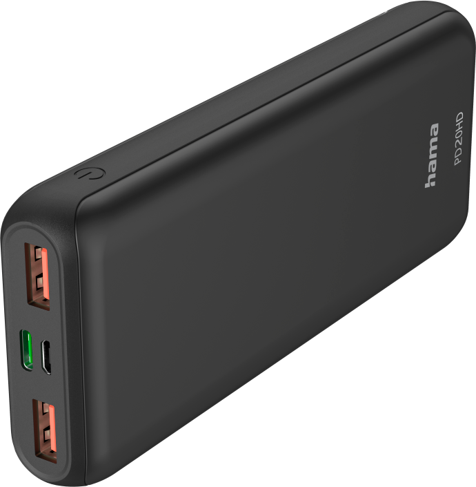 Batterie externe noire avec deux ports USB orange et un port USB-C vert. Logo Hama.