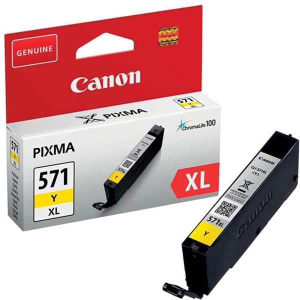 Cartouche d'encre jaune Canon 571XL dans une boîte, avec une autre cartouche à côté.