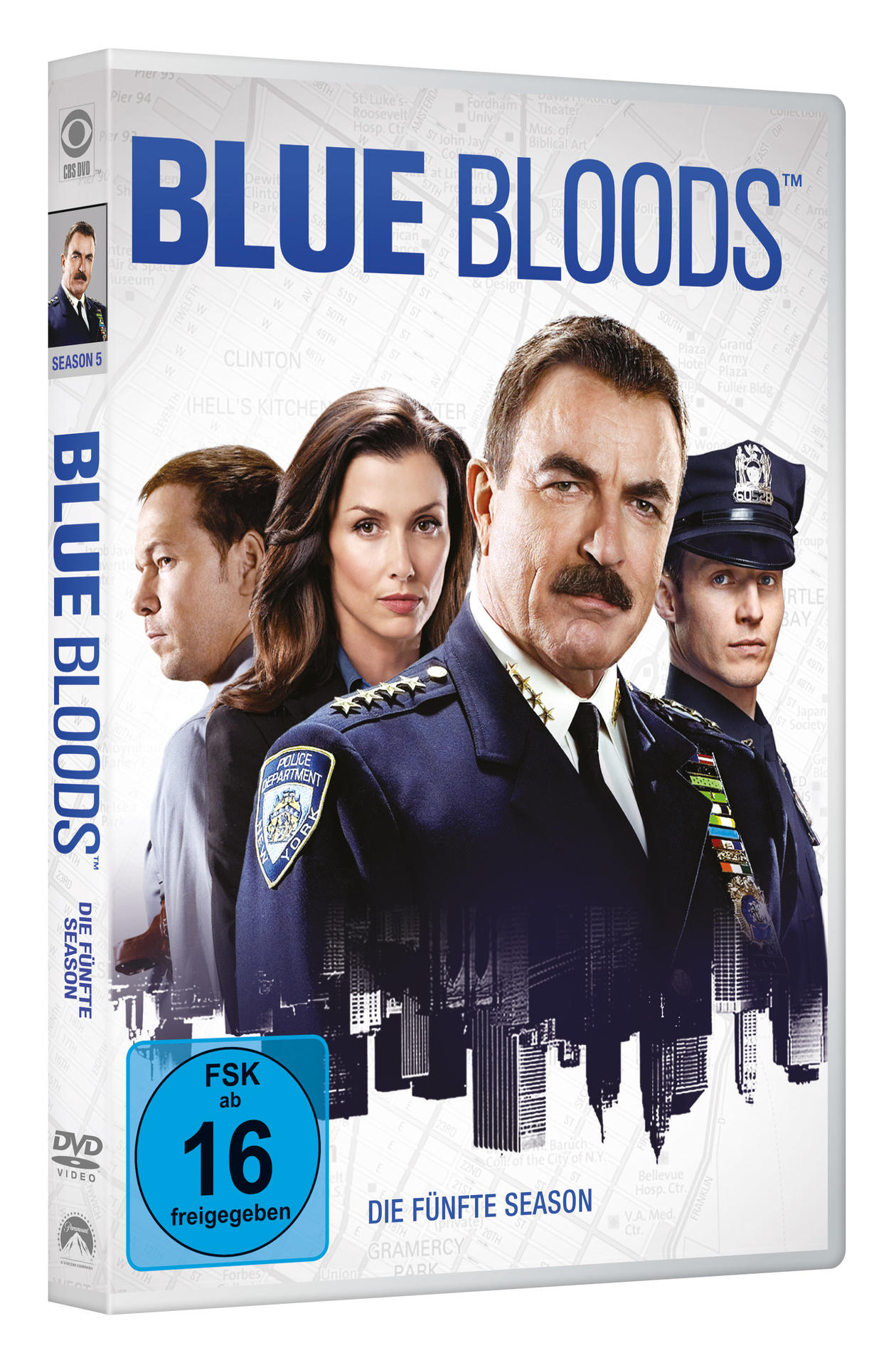 DVD-Cover für Blue Bloods, mit der Besetzung vor einer Skyline und Text.