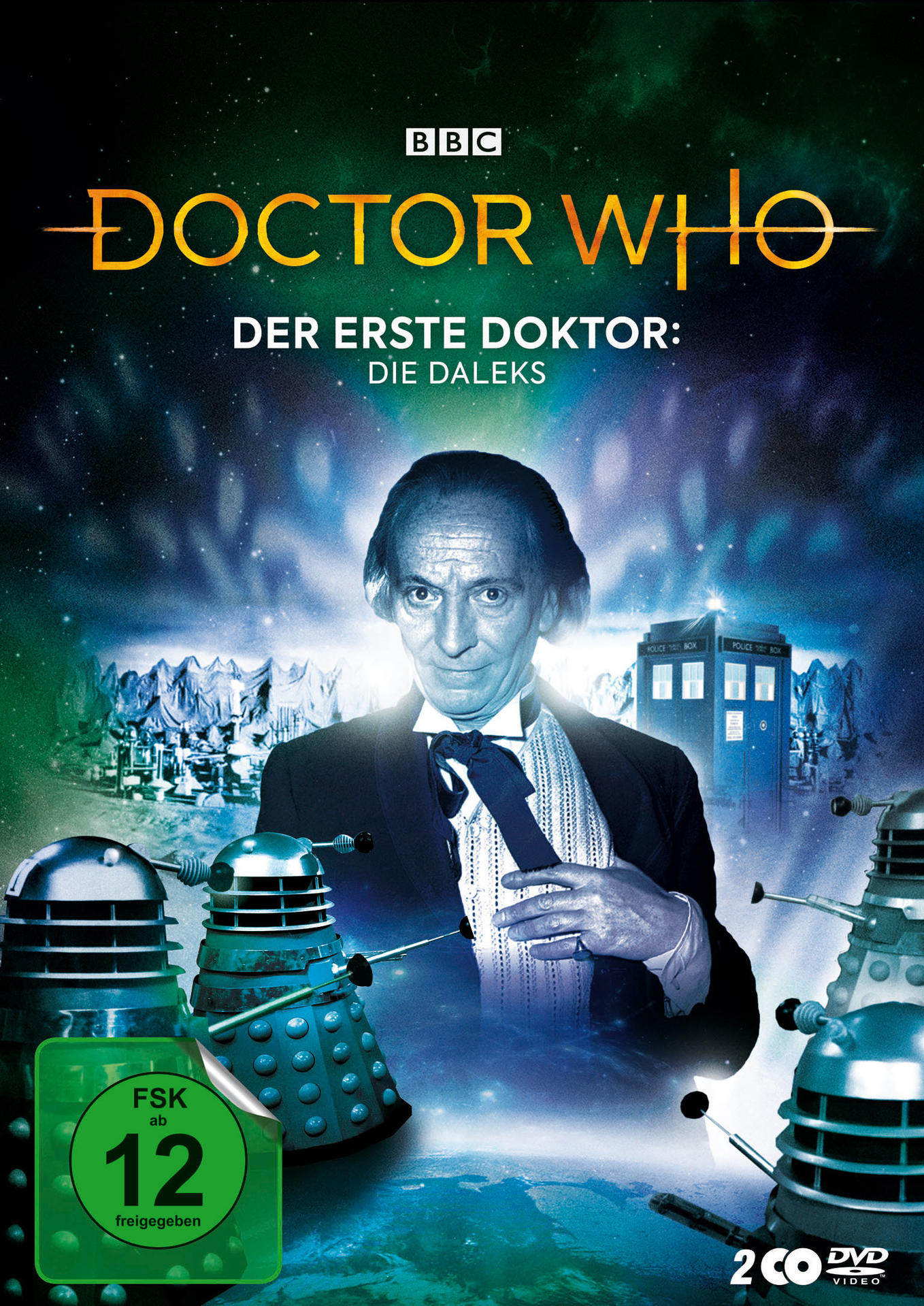 DVD-Cover: Doctor Who, Mann im Anzug, Daleks. Weltraumhintergrund.