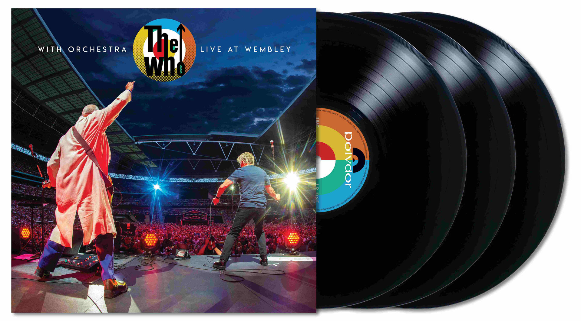 Albumcover und Schallplatten: The Who live in Wembley, mit drei schwarzen Schallplatten.