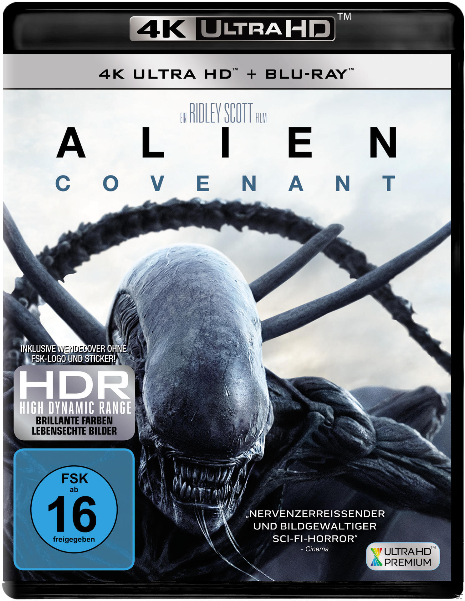 Alien Covenant Filmcover. Alien-Gesicht. Schwarz und Weiß. FSK 16. 4K Ultra HD.
