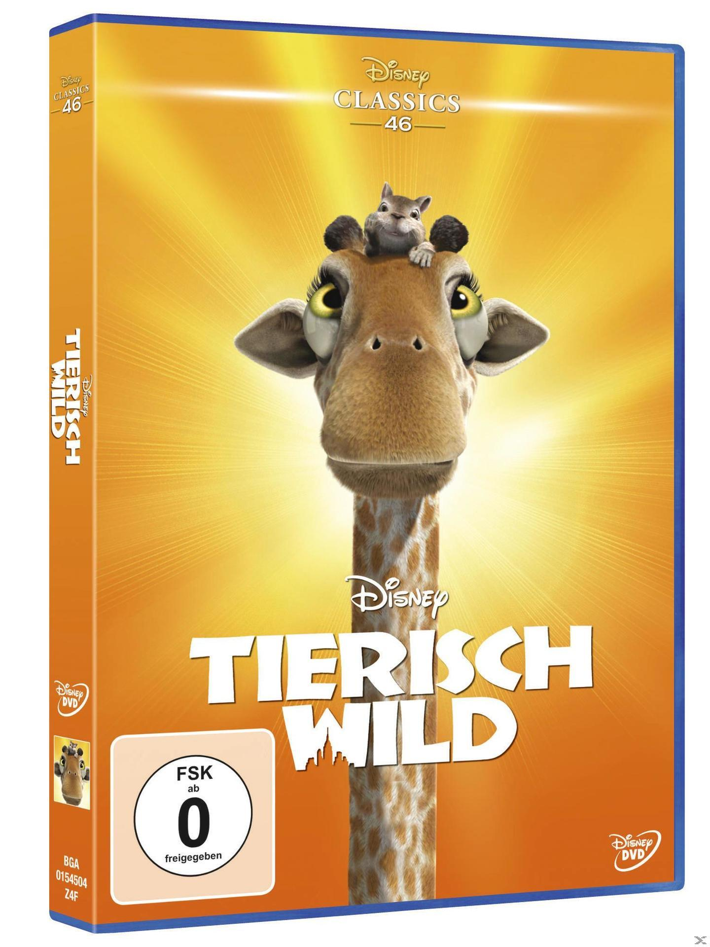 DVD-Hülle von 'Tierisch Wild' mit einer Giraffe und einem Eichhörnchen. Oranger Hintergrund mit Text.