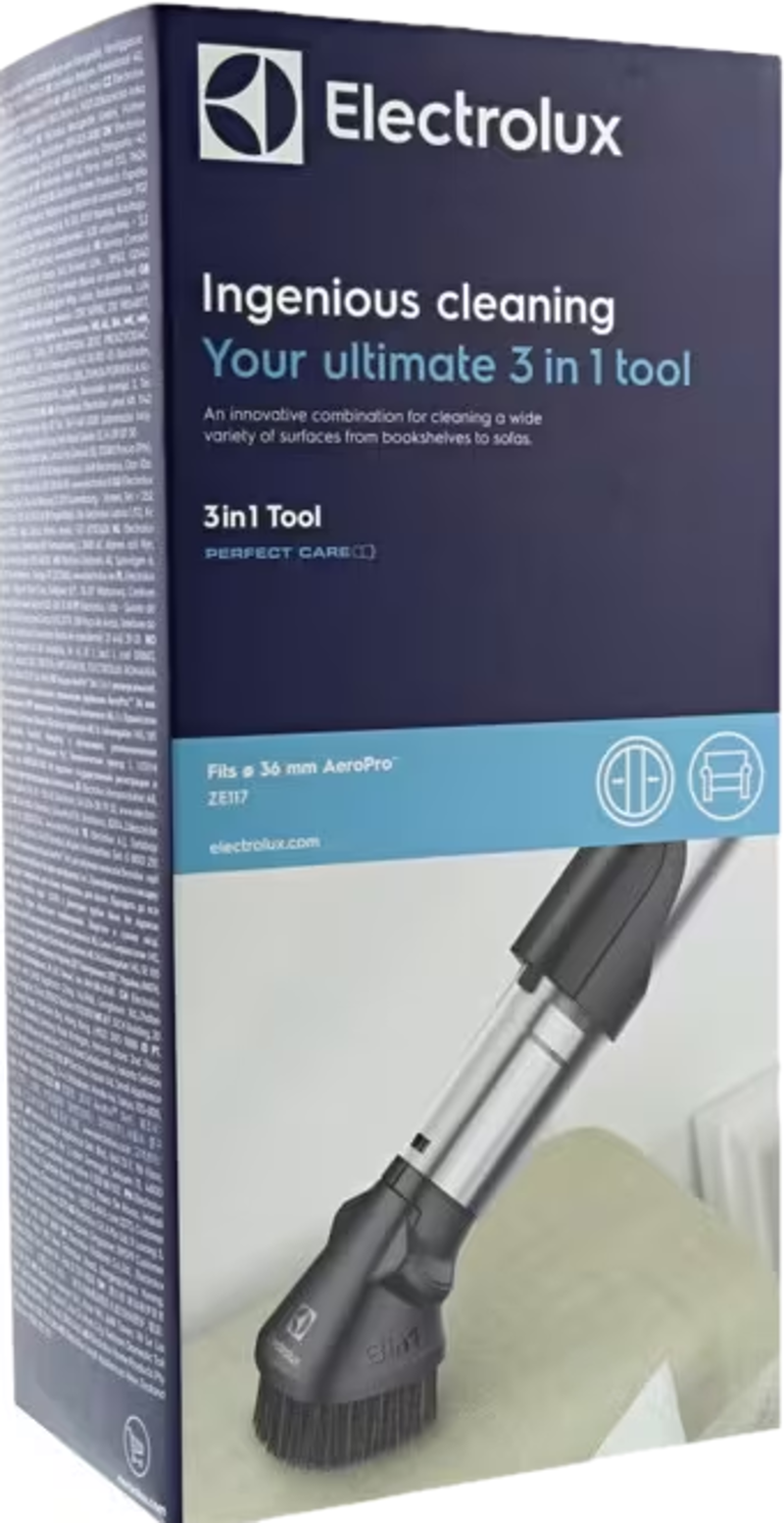 Une boîte de produit avec du texte et un outil de nettoyage 3 en 1.