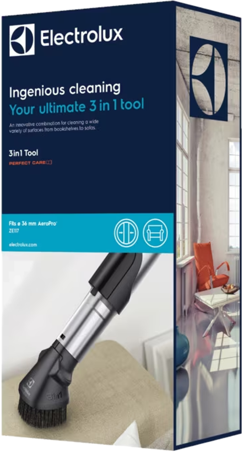 Boîte d'aspirateur Electrolux 3-en-1. Elle montre l'aspirateur et une image d'une pièce.