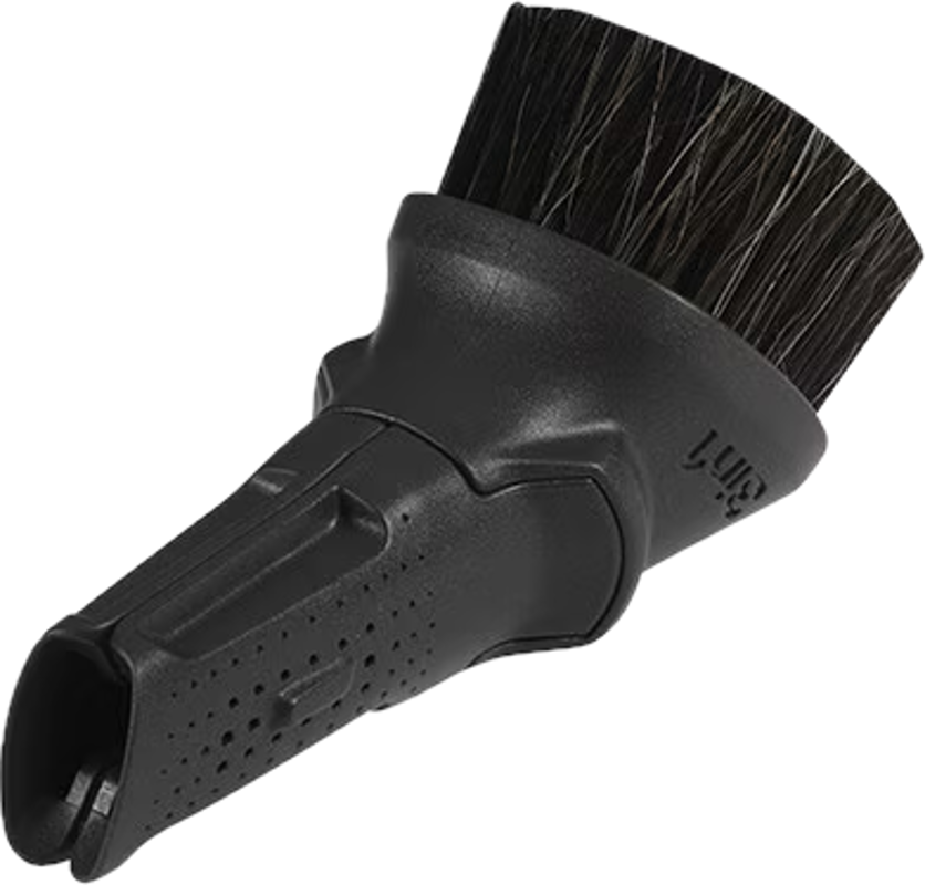 Accessoire de brosse d'aspirateur noir. Poignée coudée avec des poils à l'extrémité. Étiquetage 3en1.
