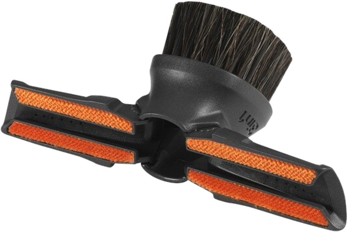 Tête de brosse pour aspirateur. Noir avec des poils orange et noirs. Conçu pour se fixer à un aspirateur.