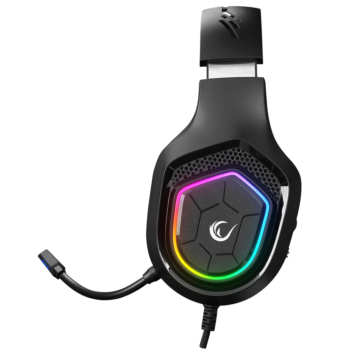 RGB aydınlatmalı siyah oyun kulaklığı. Mikrofon takılıdır.