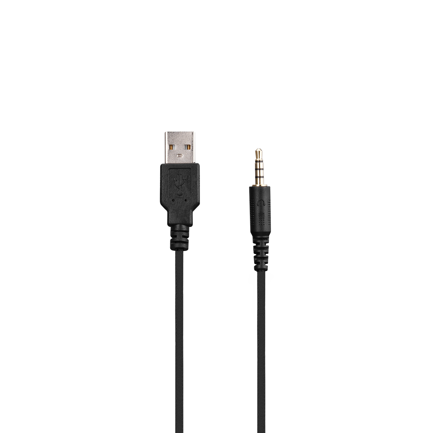 Beyaz bir arka plan üzerinde siyah bir USB - 3,5 mm ses kablosu.