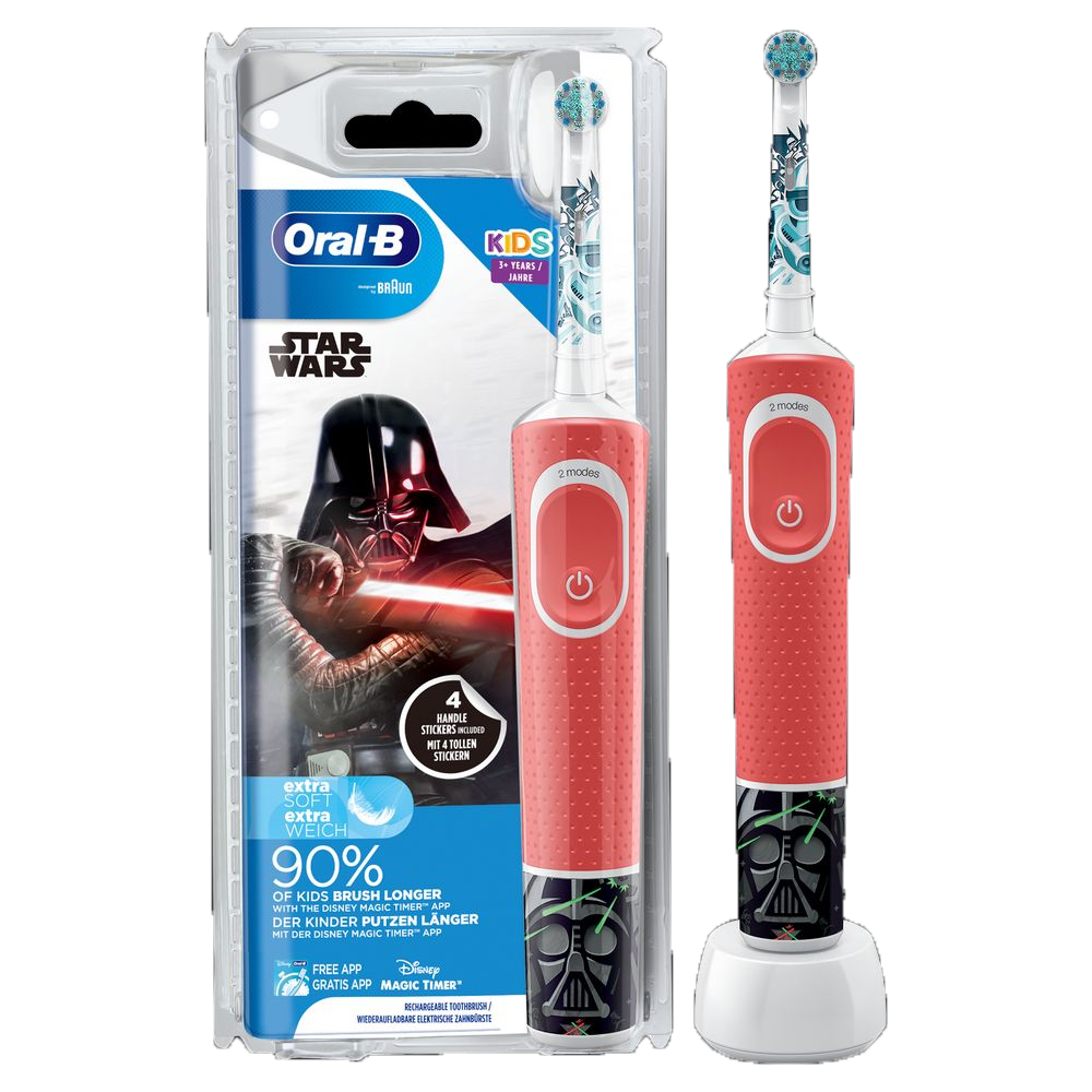 Cepillo eléctrico - Oral-B Kids Star Wars, Para niños, 4 pegatinas de Star Wars, 3D, Recargable, Rojo