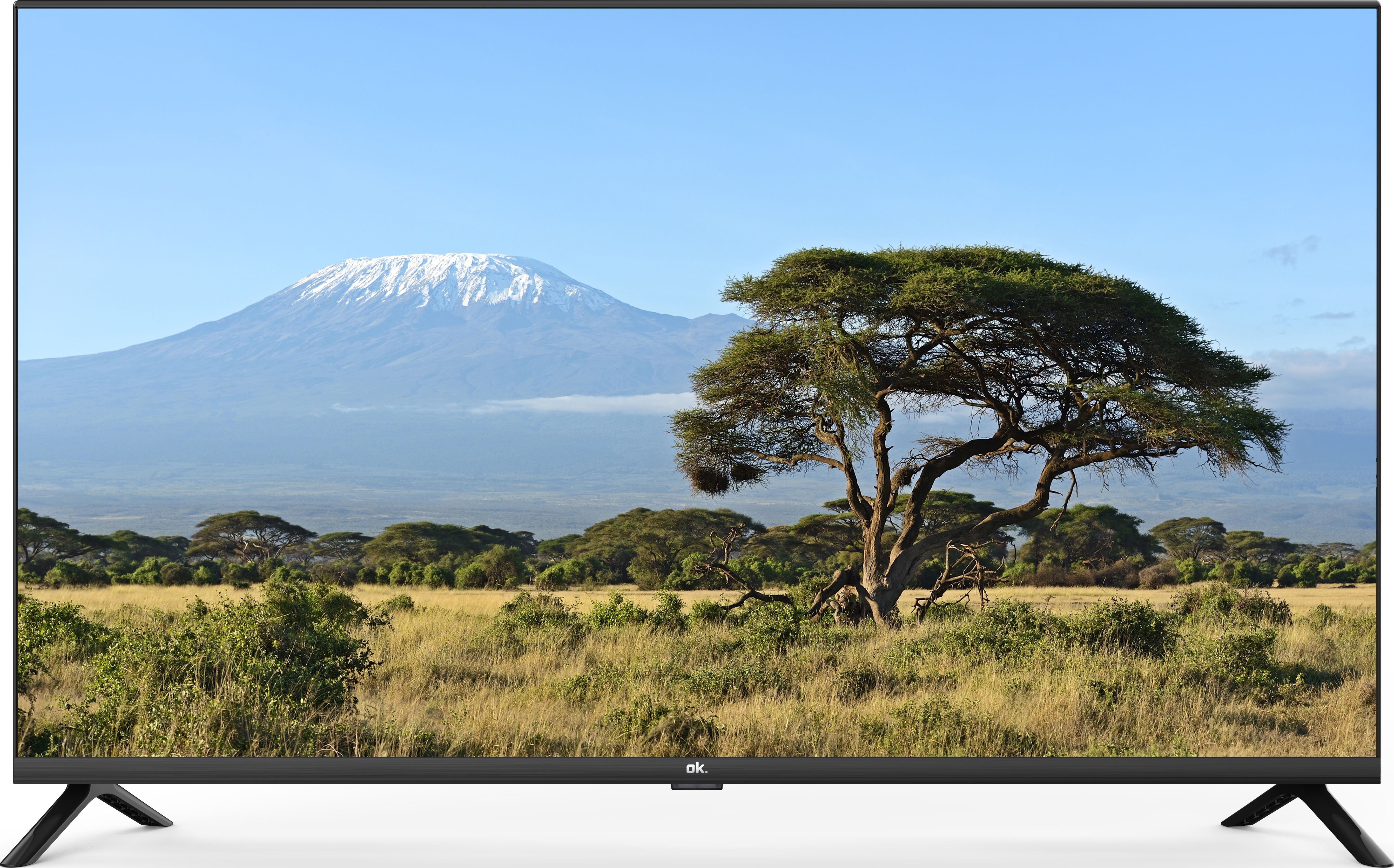 Écran de télévision montrant une montagne et des arbres par une journée ensoleillée. Le ciel est bleu.