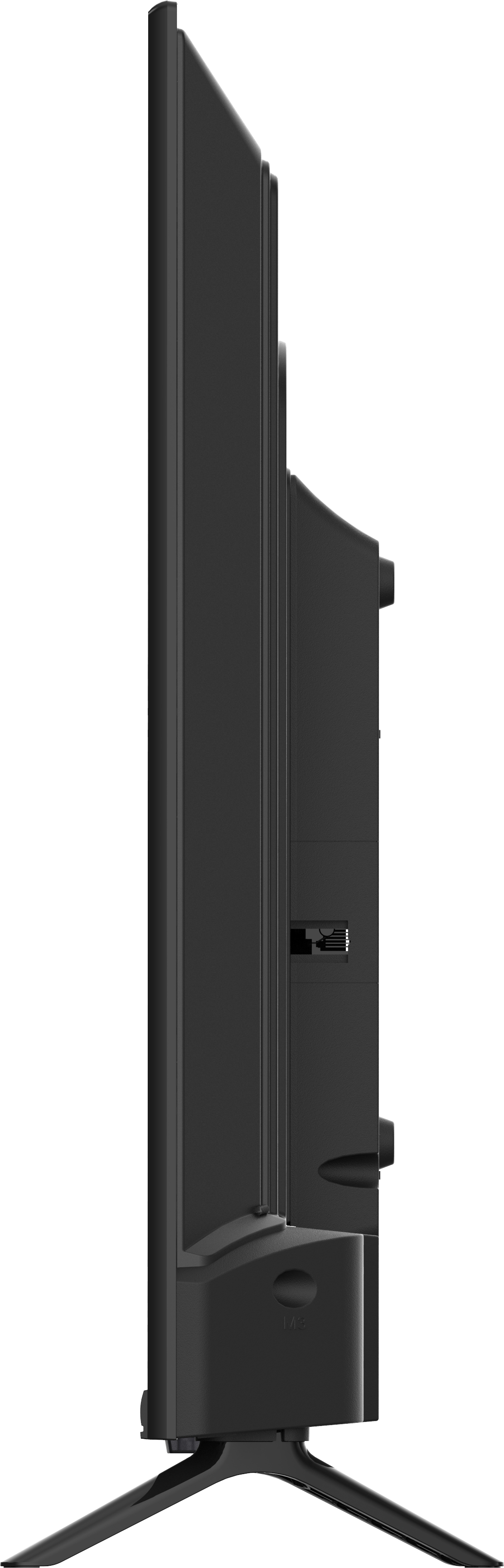 Téléviseur noir, vue de côté. Montre le profil latéral avec un support et des ports.