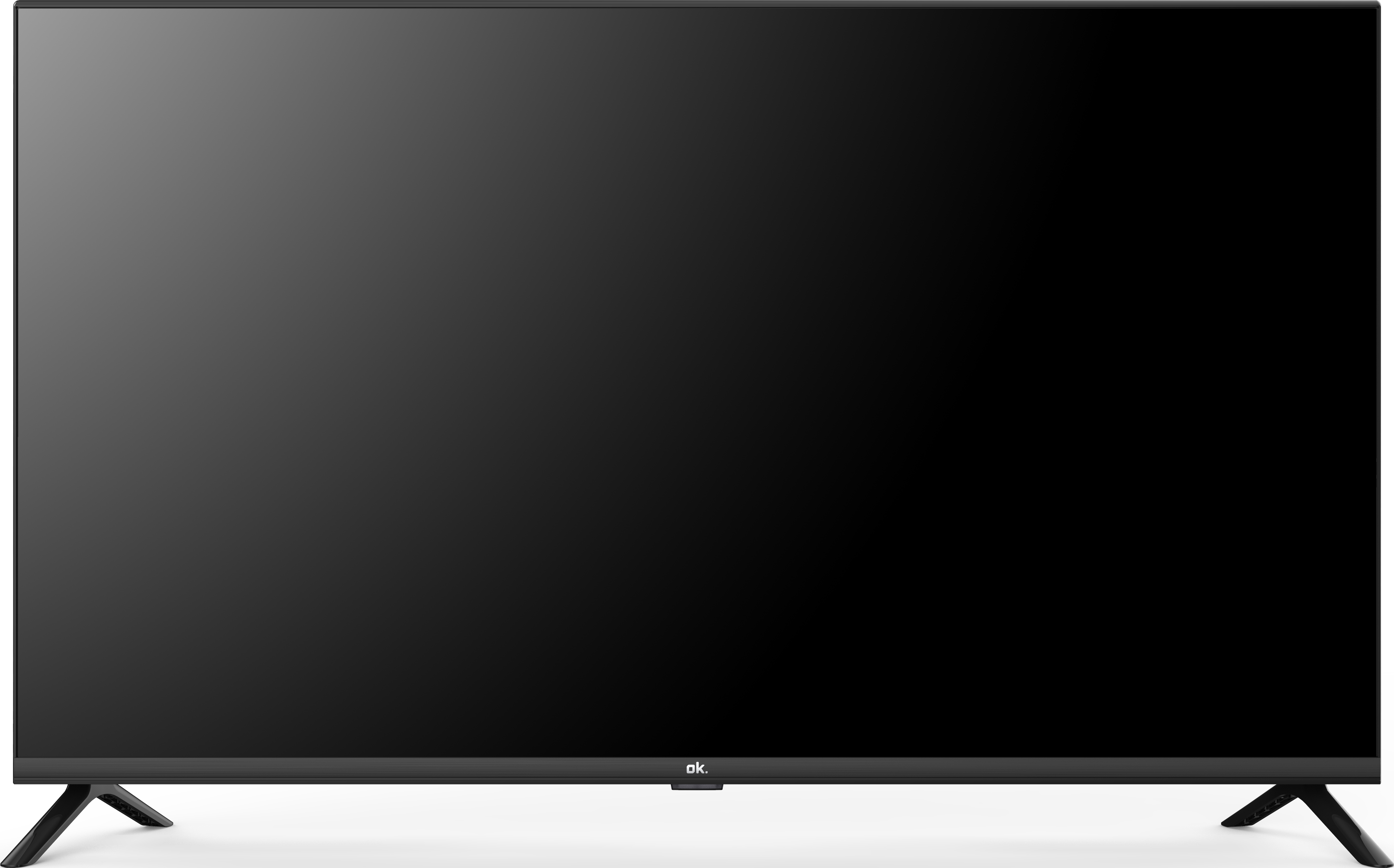 Un grand téléviseur à écran plat noir avec un pied simple. L'écran est éteint.