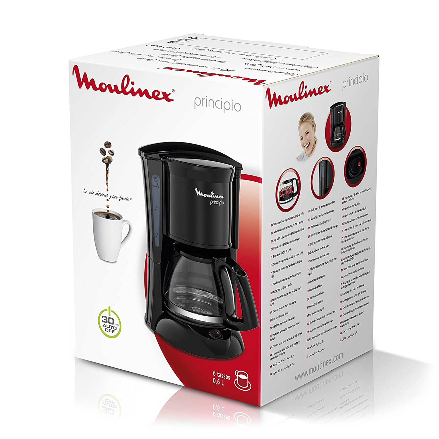 Macchina per caffè in una scatola, con immagini del prodotto e una donna, più testo in più lingue.