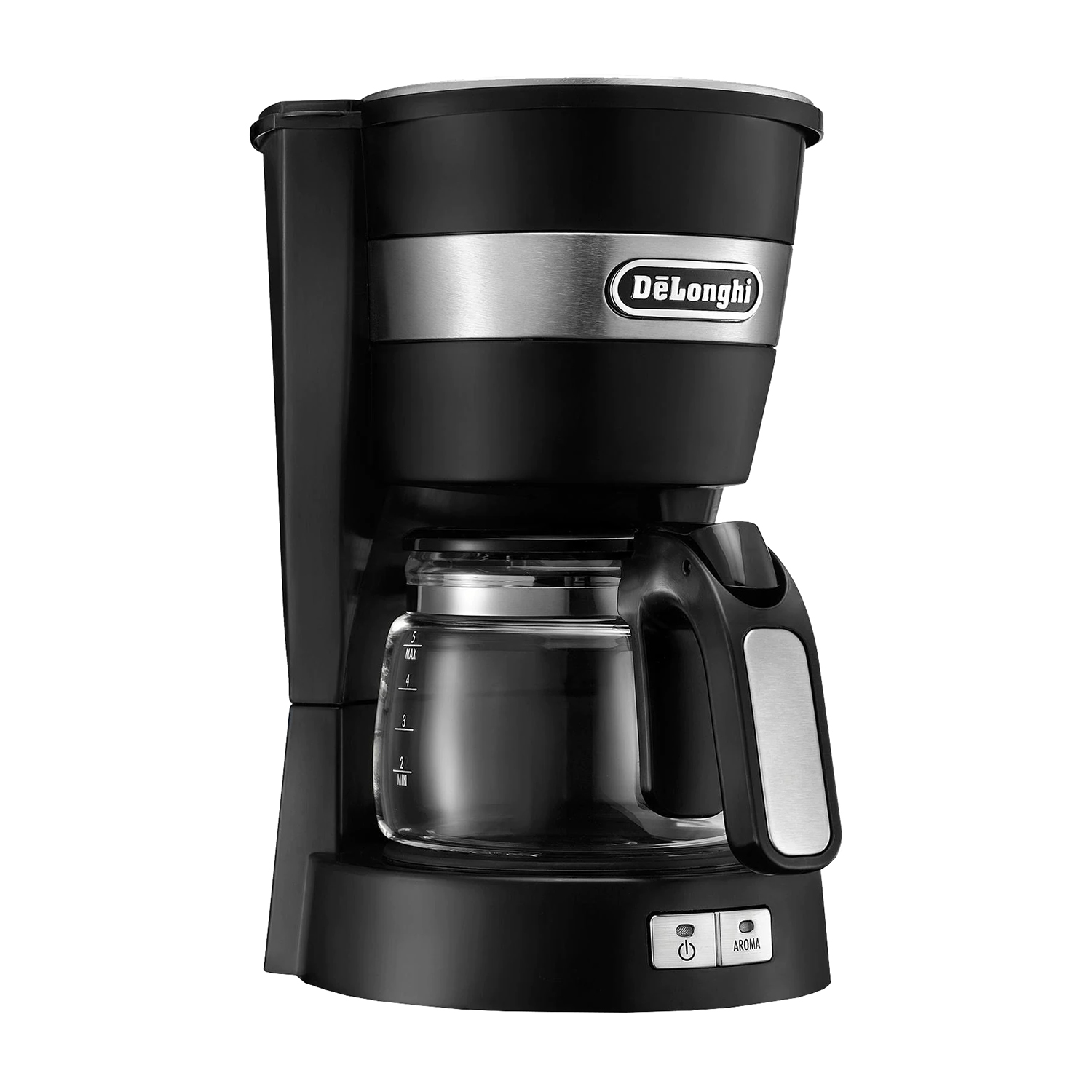 Macchina da caffè DeLonghi nera e argento. Caraffa in vetro visibile.