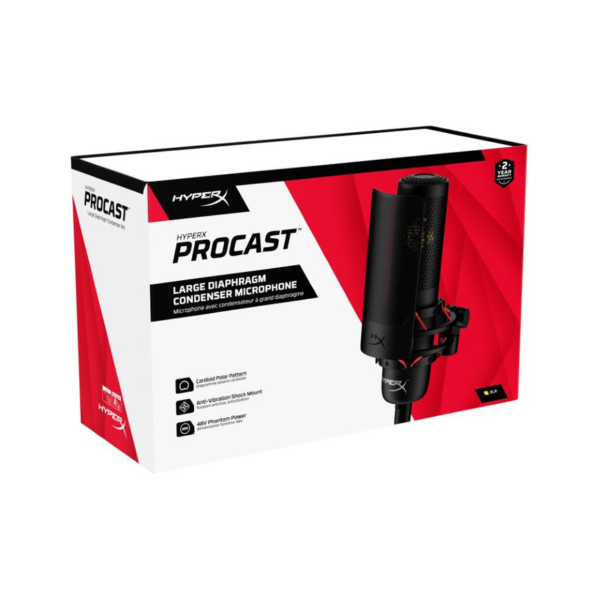 Siyah mikrofonlu, 'PROCAST' etiketli beyaz ve kırmızı kutu.