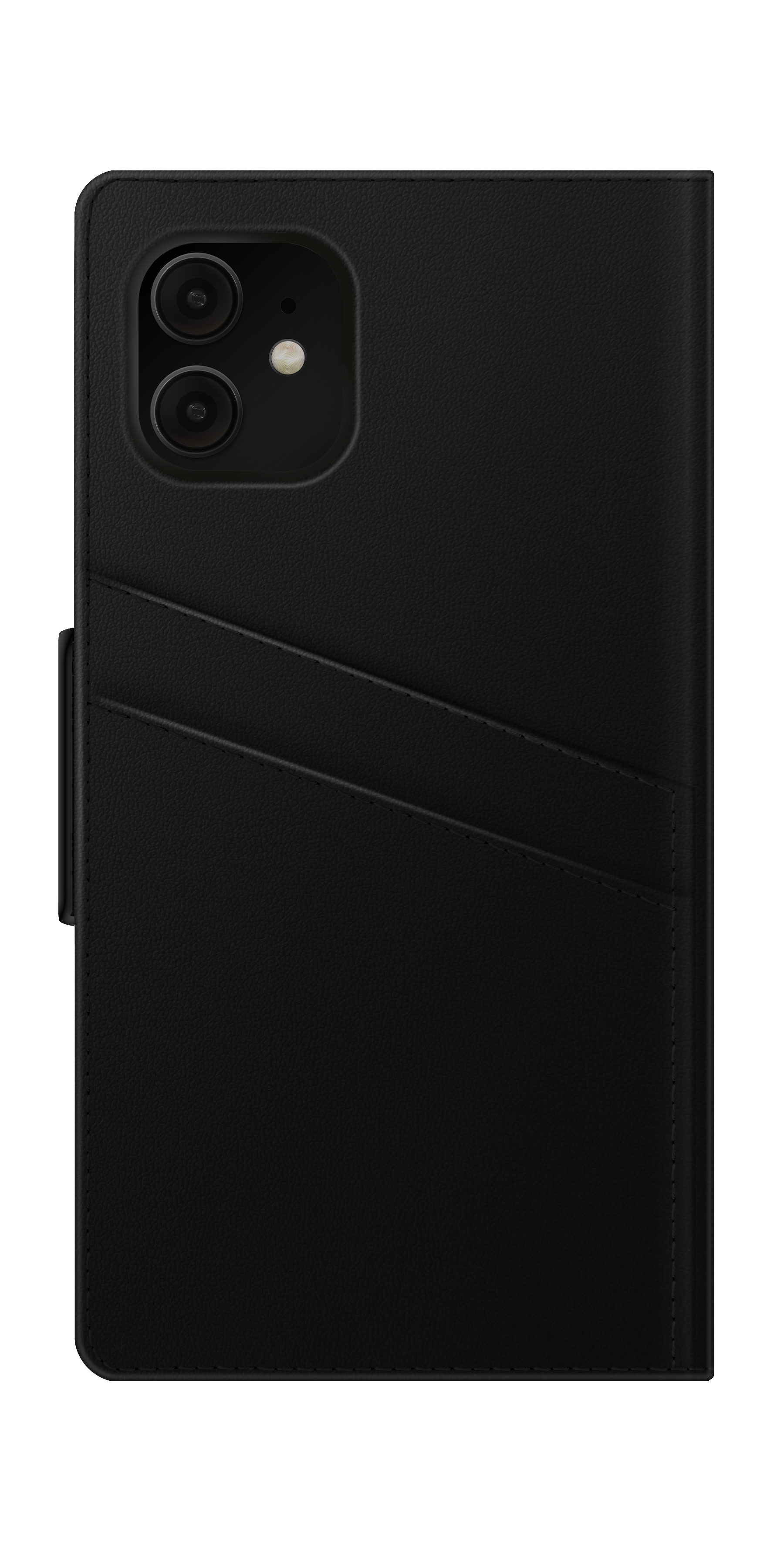 Schwarze Telefonhülle, geschlossen. Hat Kartenfächer. Schwarzes Ledercover. Vertikale Aufnahme.