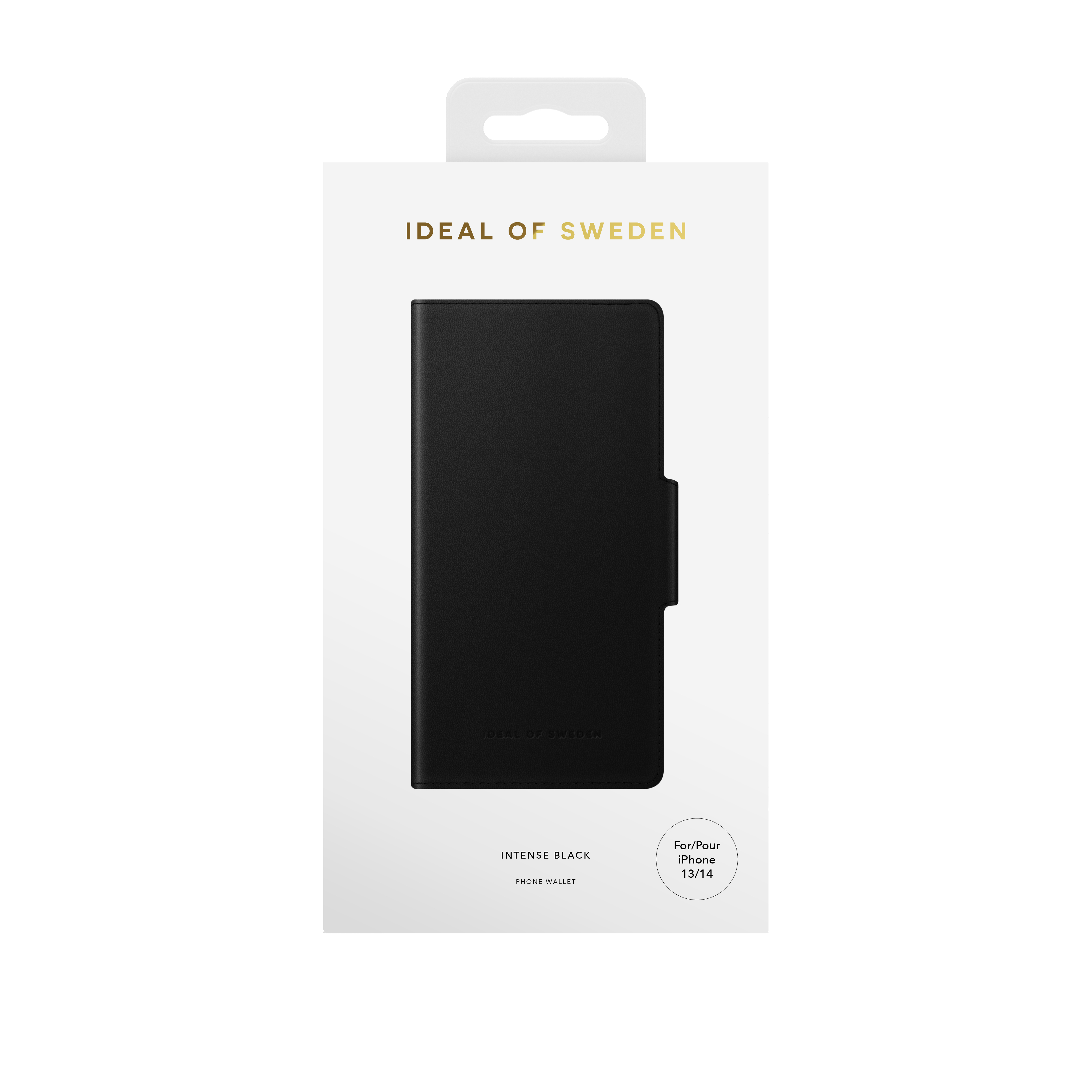 Schwarze Telefon-Geldbörsenhülle mit weißer Box. Die Box hat den Text 'IDEAL OF SWEDEN' und 'INTENSE BLACK'.