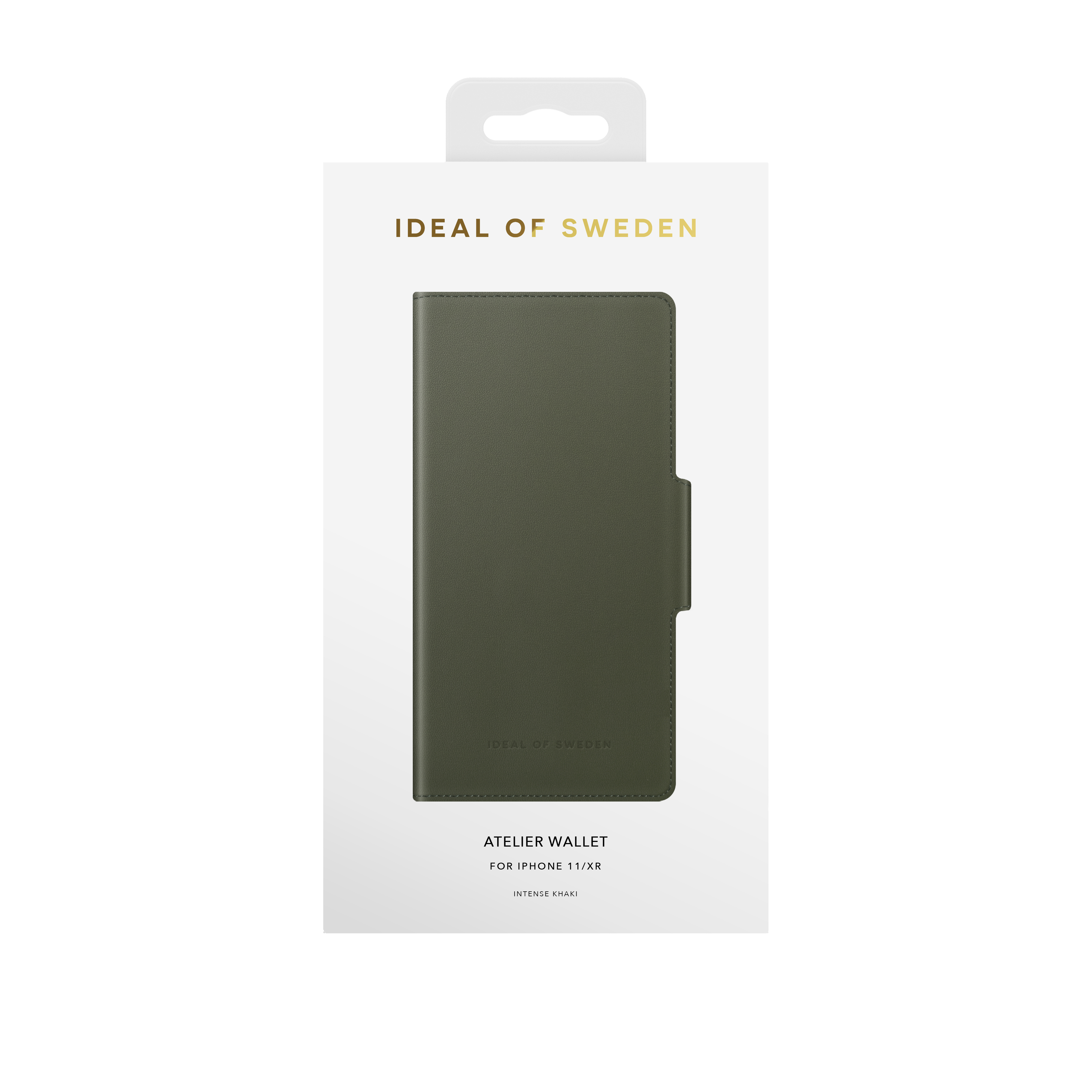 Olivgrüne Brieftasche für iPhone in weißer Box. Ideal of Sweden-Branding vorhanden.
