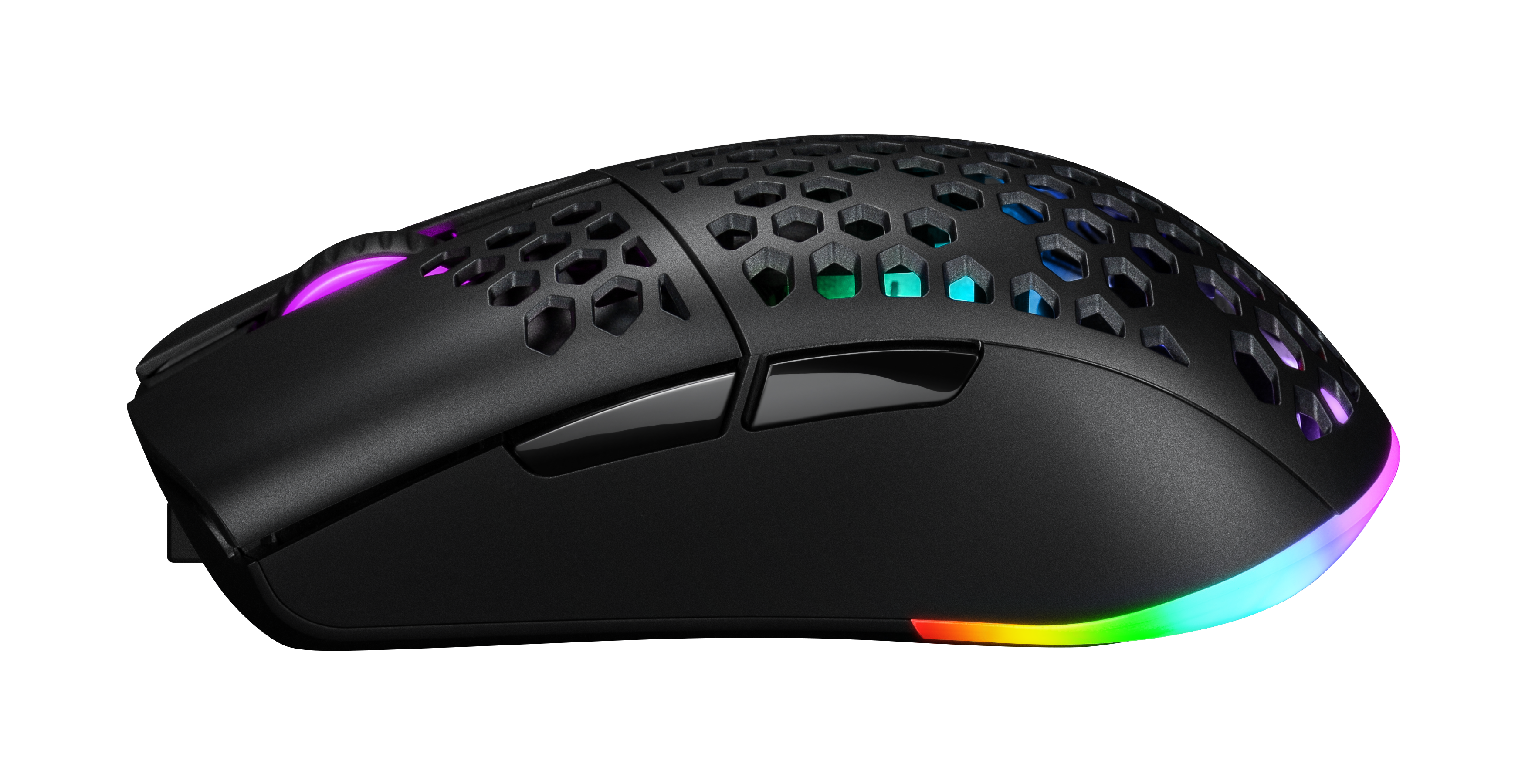 Schwarze Gaming-Maus mit Wabenmuster und RGB-Beleuchtung.