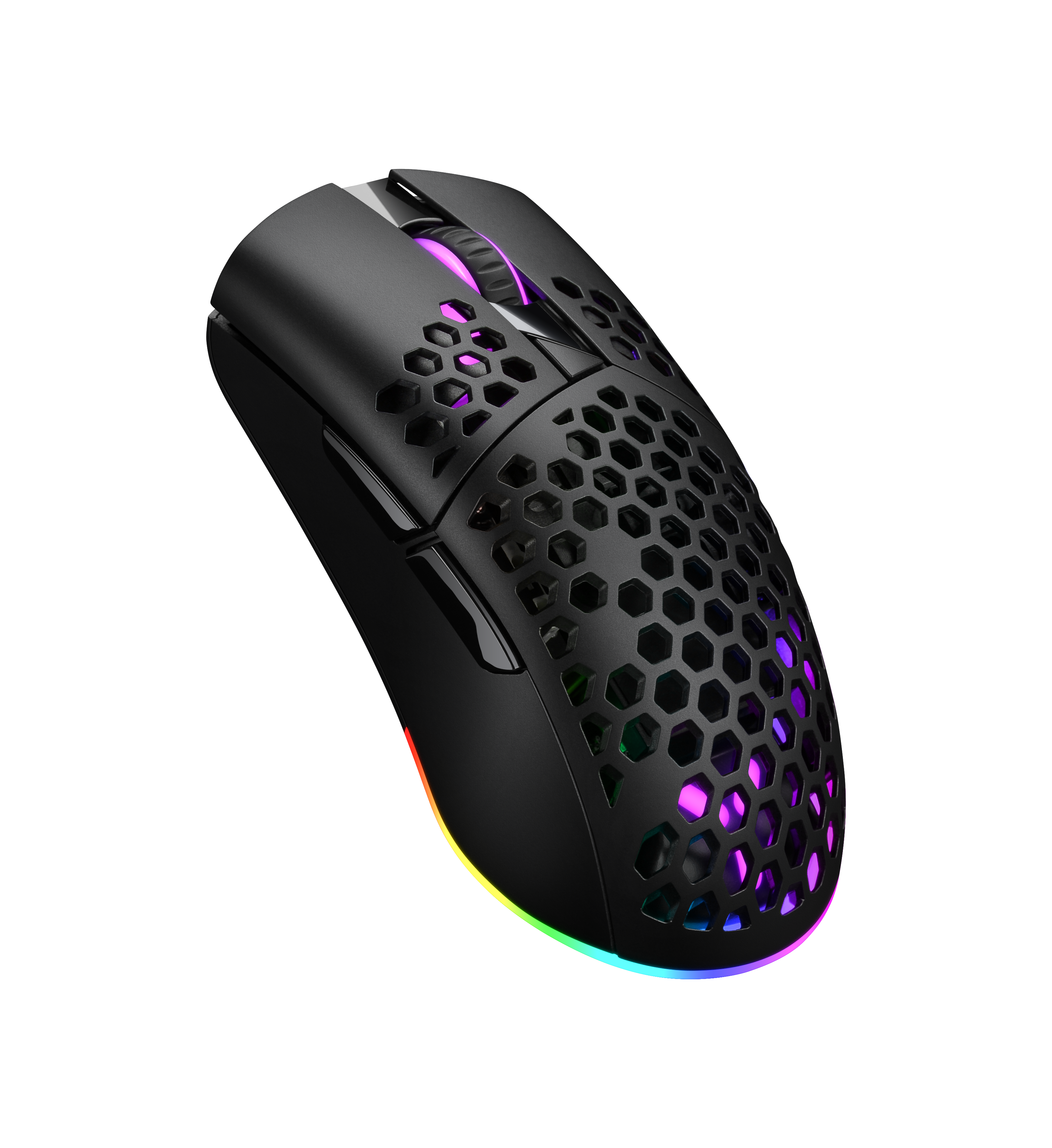 Schwarze Gaming-Maus mit Wabenmuster und RGB-Lichtern, schräge Ansicht.